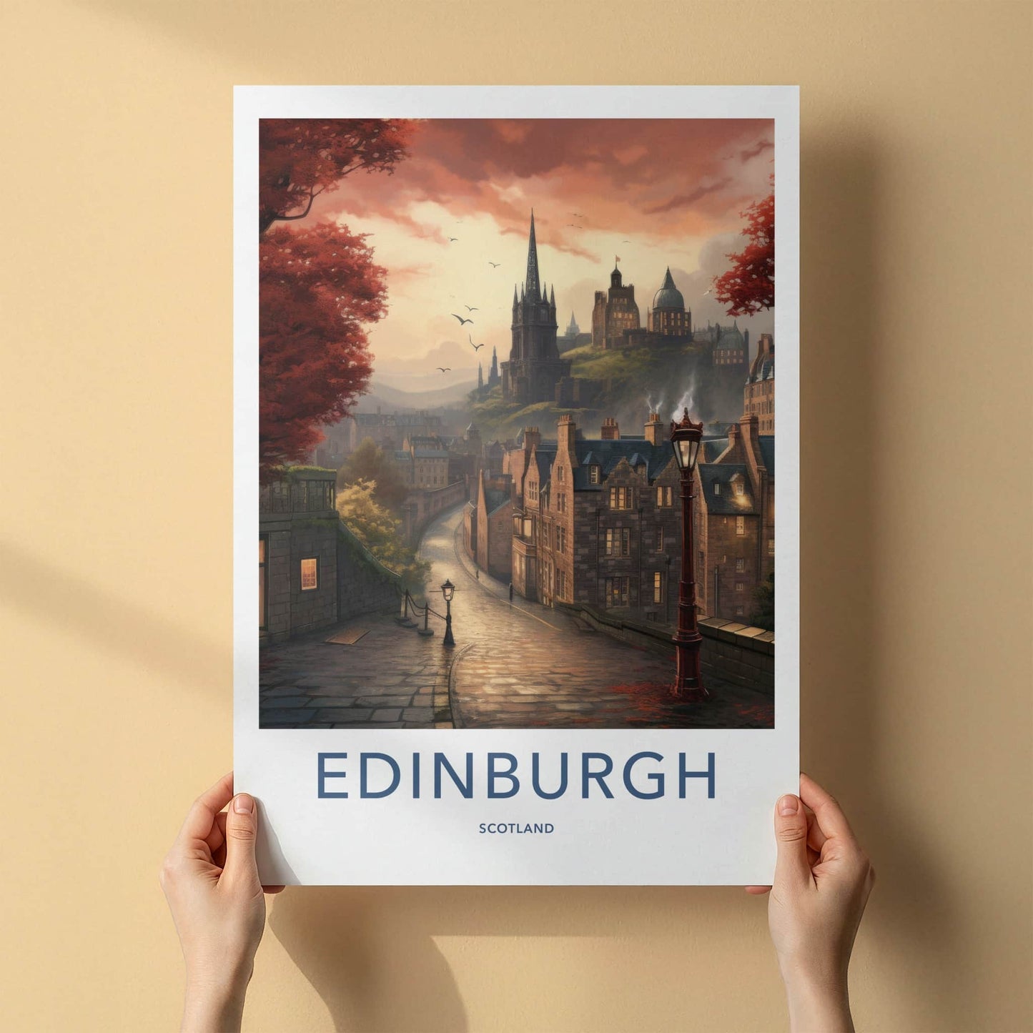 Edinburgh Poster - Scotland Travel Art - Cobbled Street Sunset Home Decor