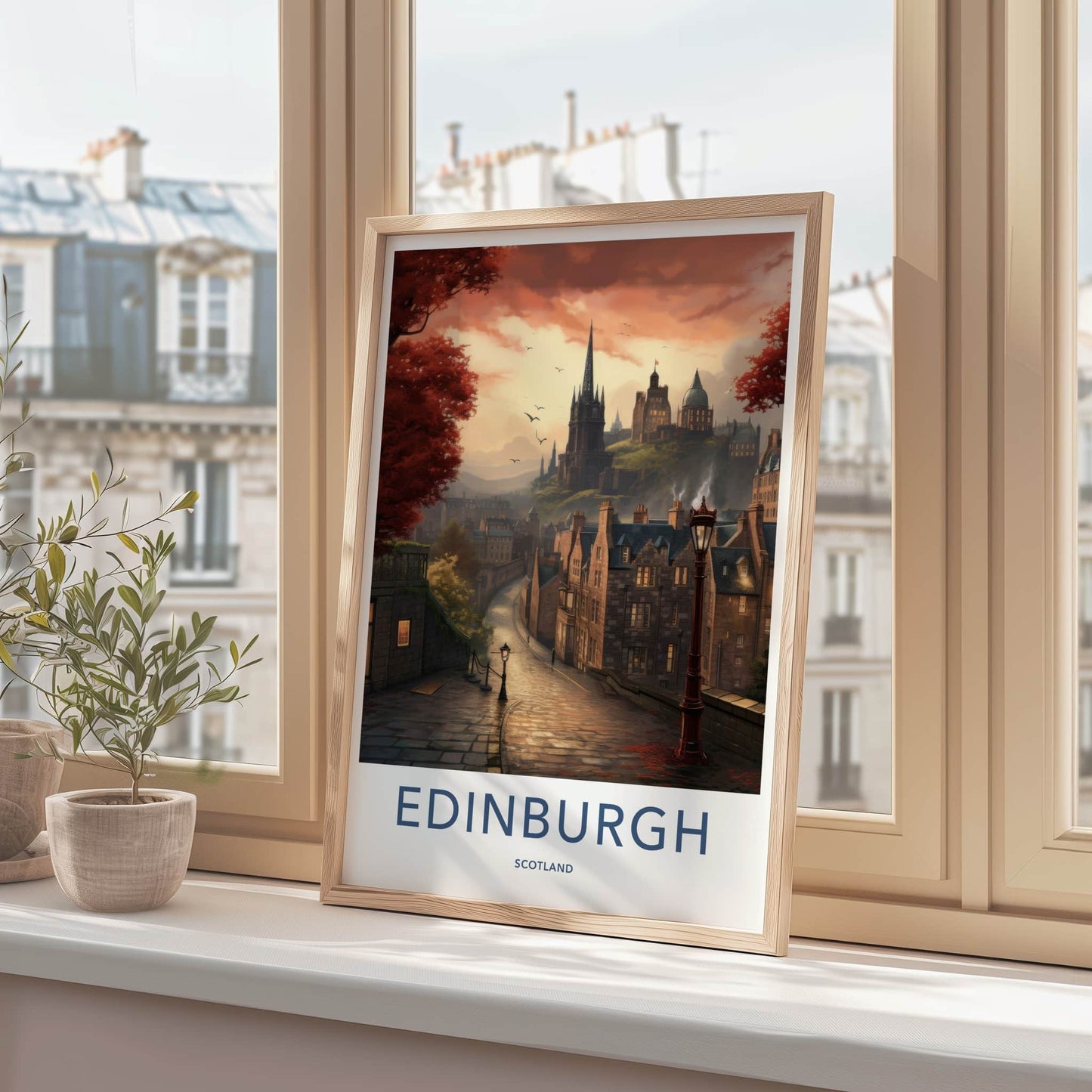 Edinburgh Poster - Scotland Travel Art - Cobbled Street Sunset Home Decor