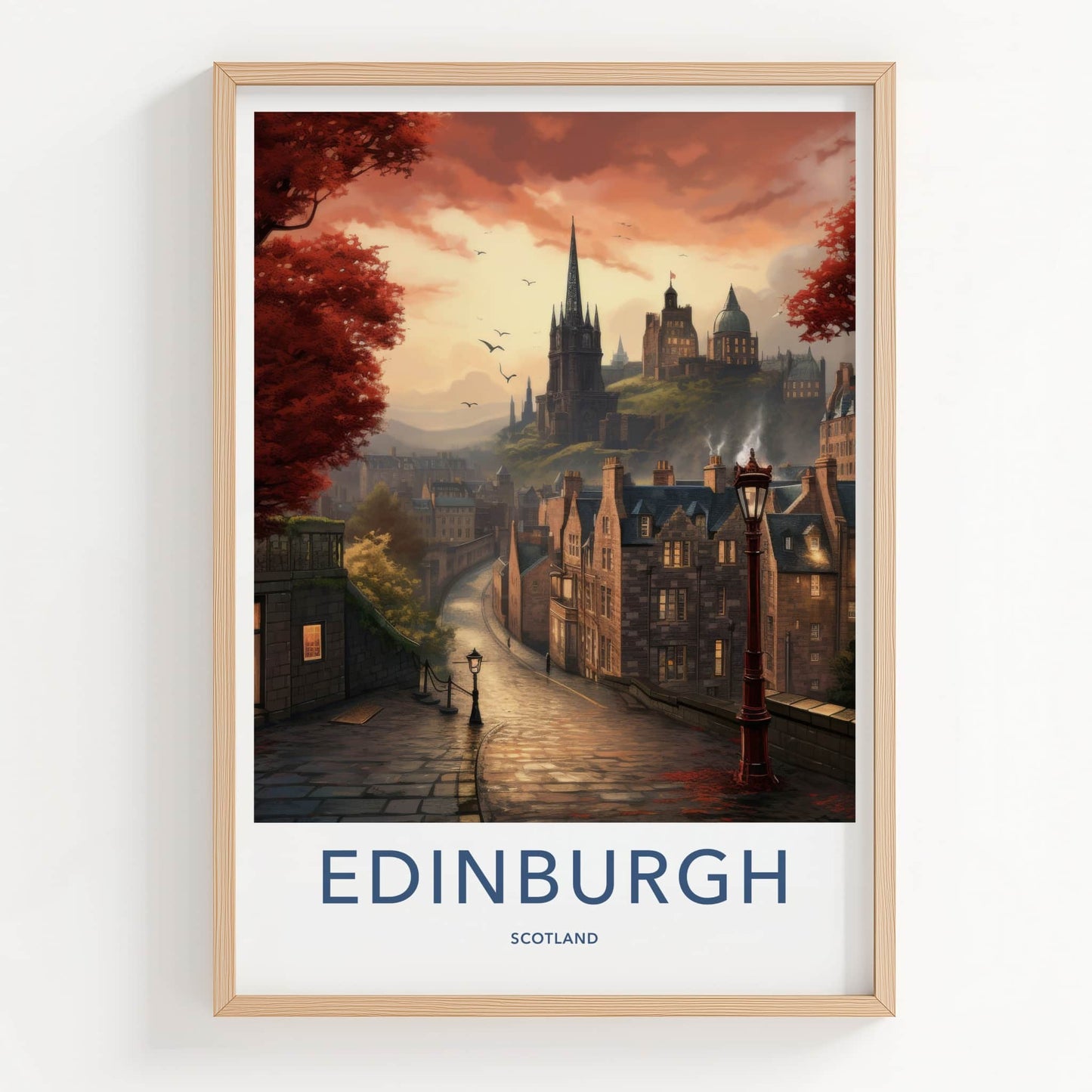 Edinburgh Poster - Scotland Travel Art - Cobbled Street Sunset Home Decor