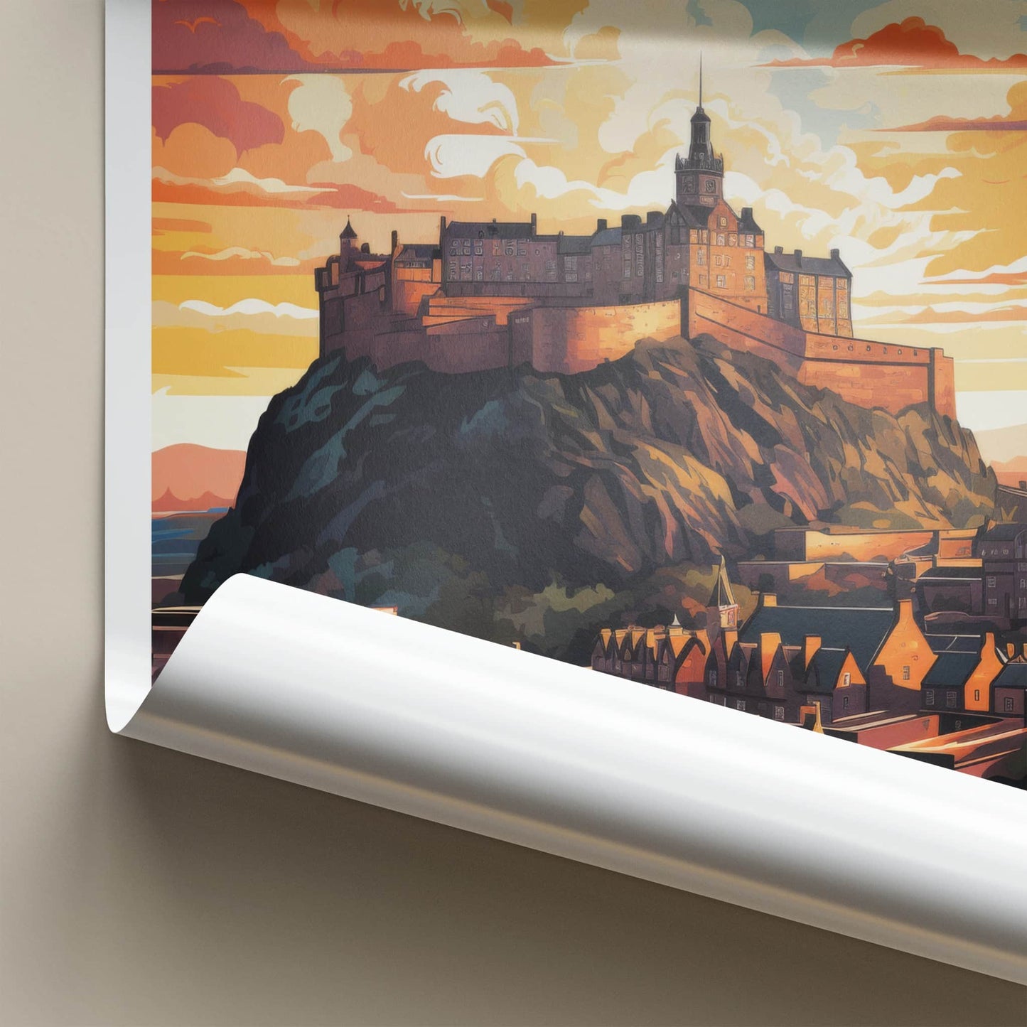 Edinburgh Poster - Scotland Travel Art - Hilltop Castle Sunset Home Decor