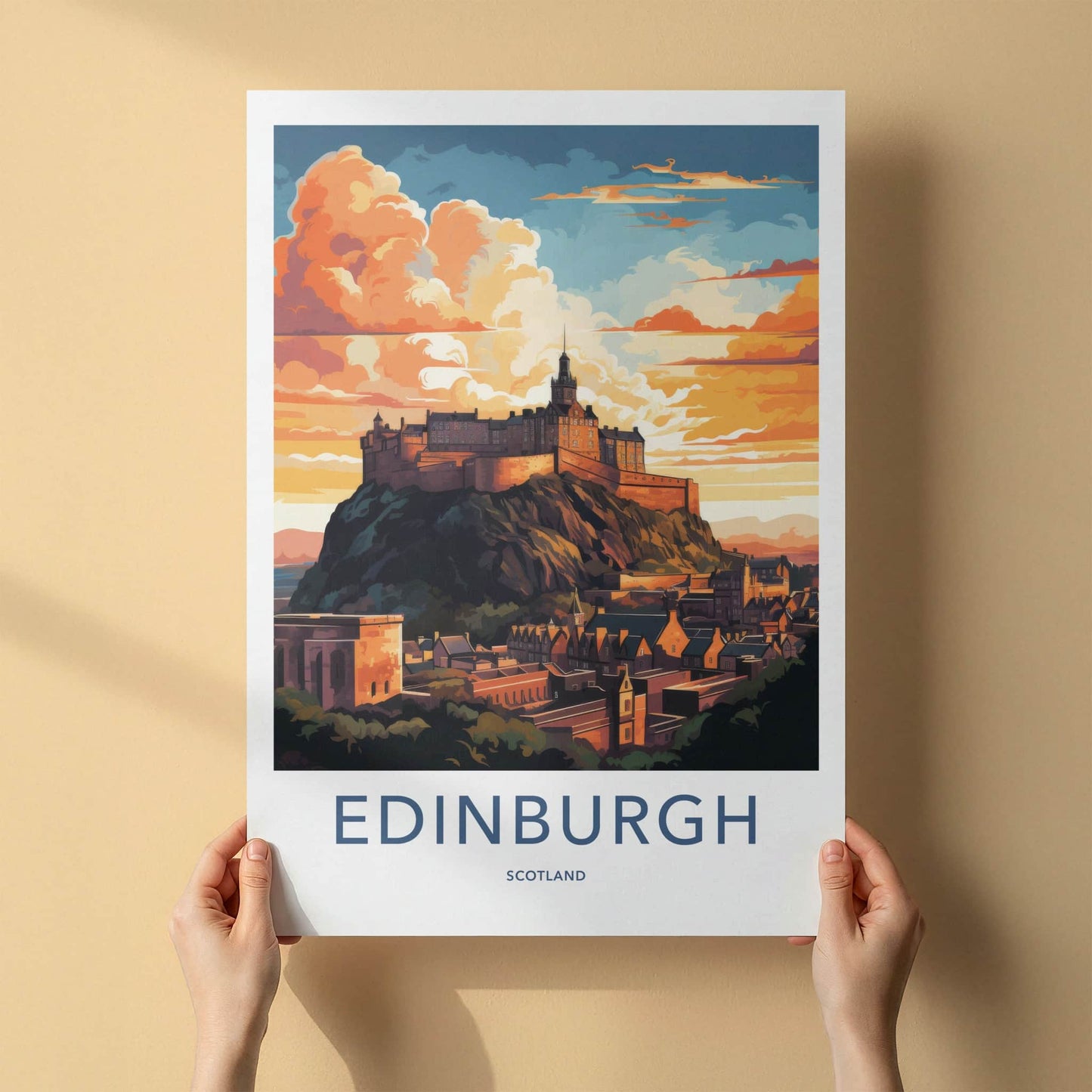 Edinburgh Poster - Scotland Travel Art - Hilltop Castle Sunset Home Decor