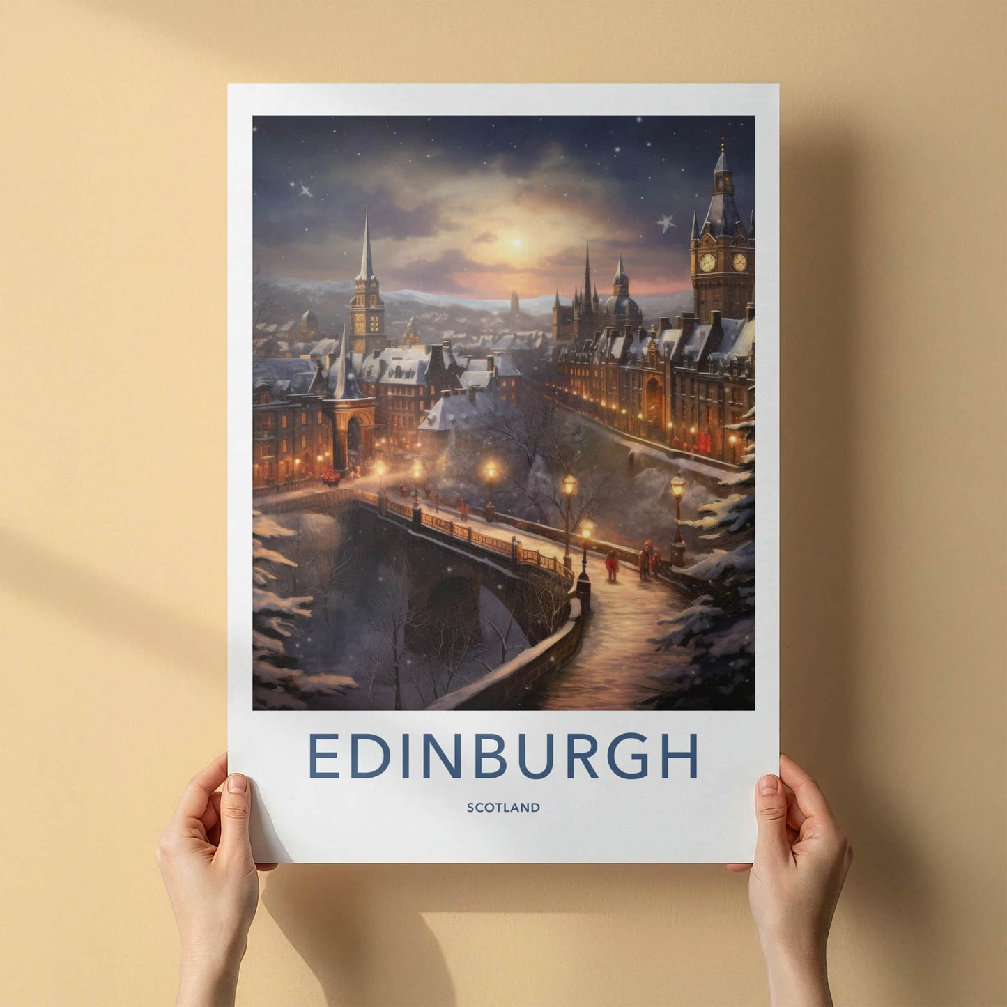 Edinburgh Poster - Scotland Travel Art - Snowy Evening City Home Decor
