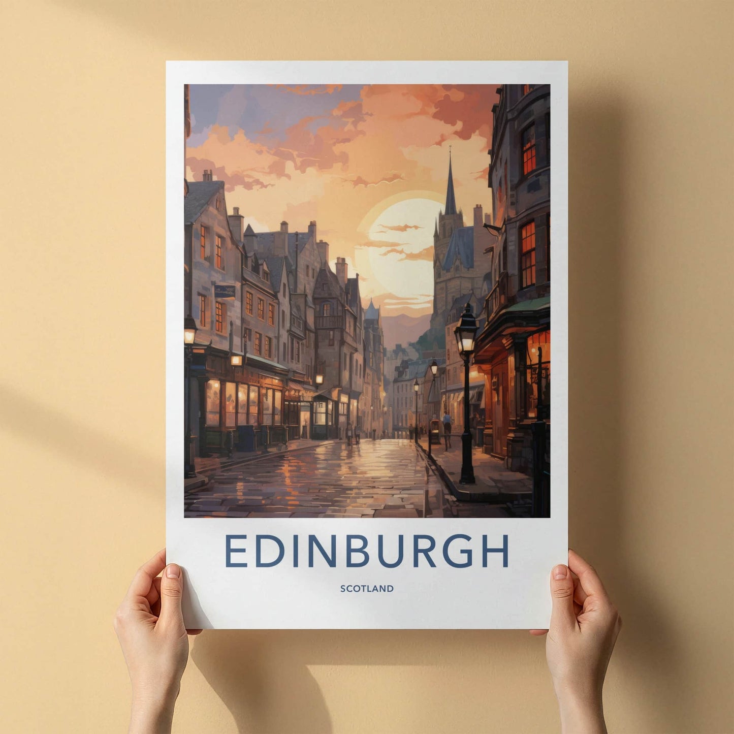 Edinburgh Poster - Scotland Travel Art - Sunset City Street Home Decor