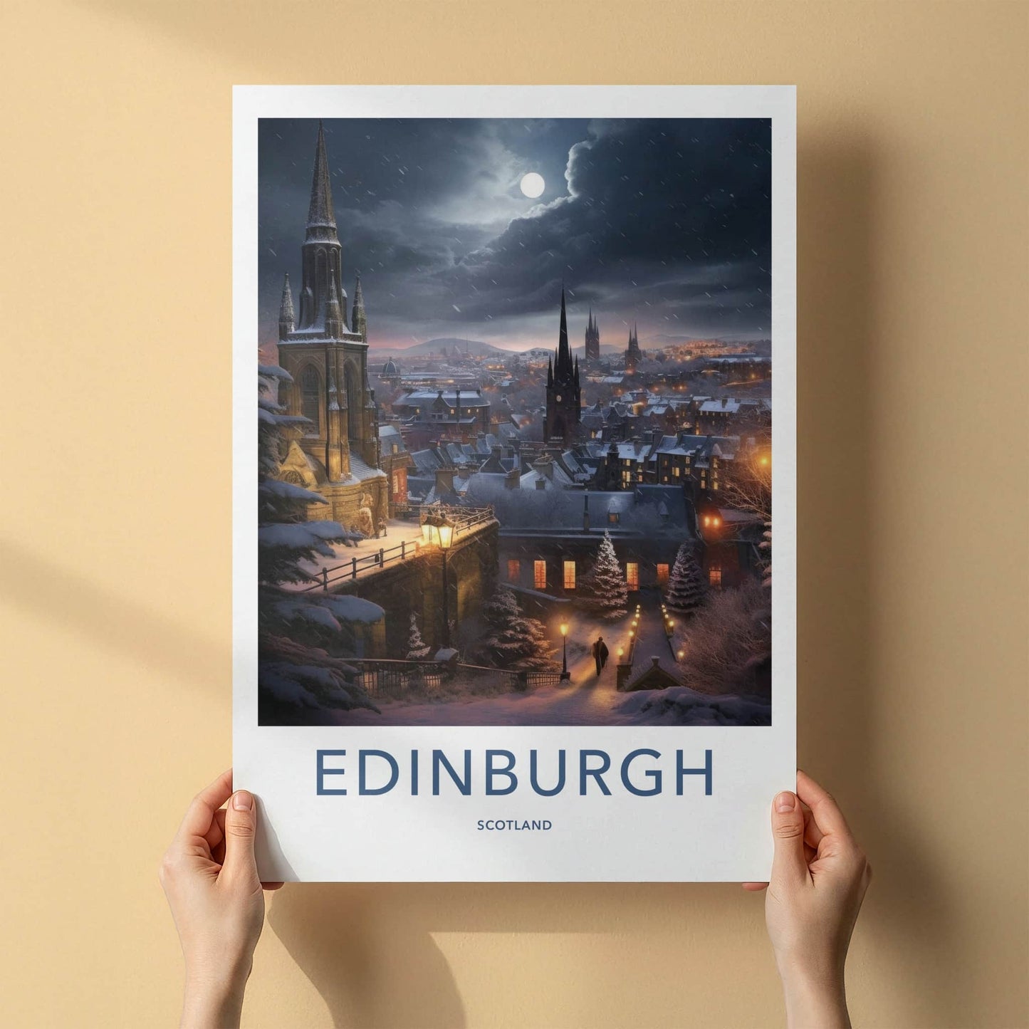 Edinburgh Poster - Scotland Wall Art - Moonlit Snowy City Home Decor