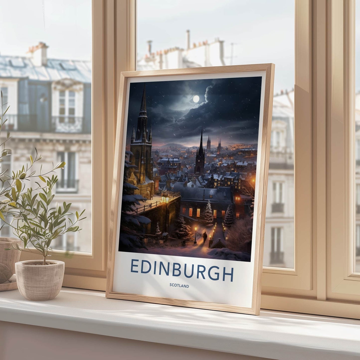 Edinburgh Poster - Scotland Wall Art - Moonlit Snowy City Home Decor