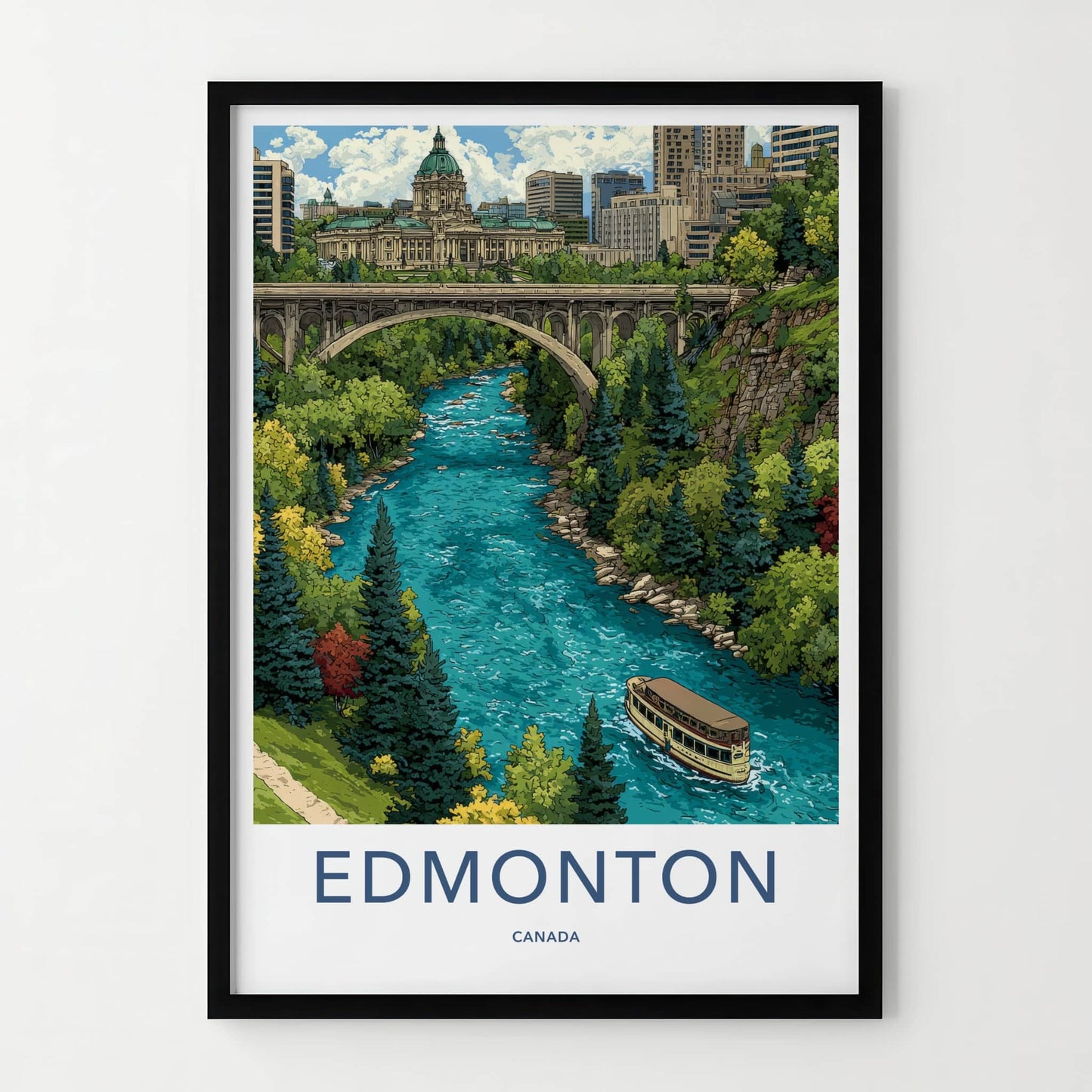 Edmonton Poster - Canada Framed Art - River Boat Bridge Home Decor