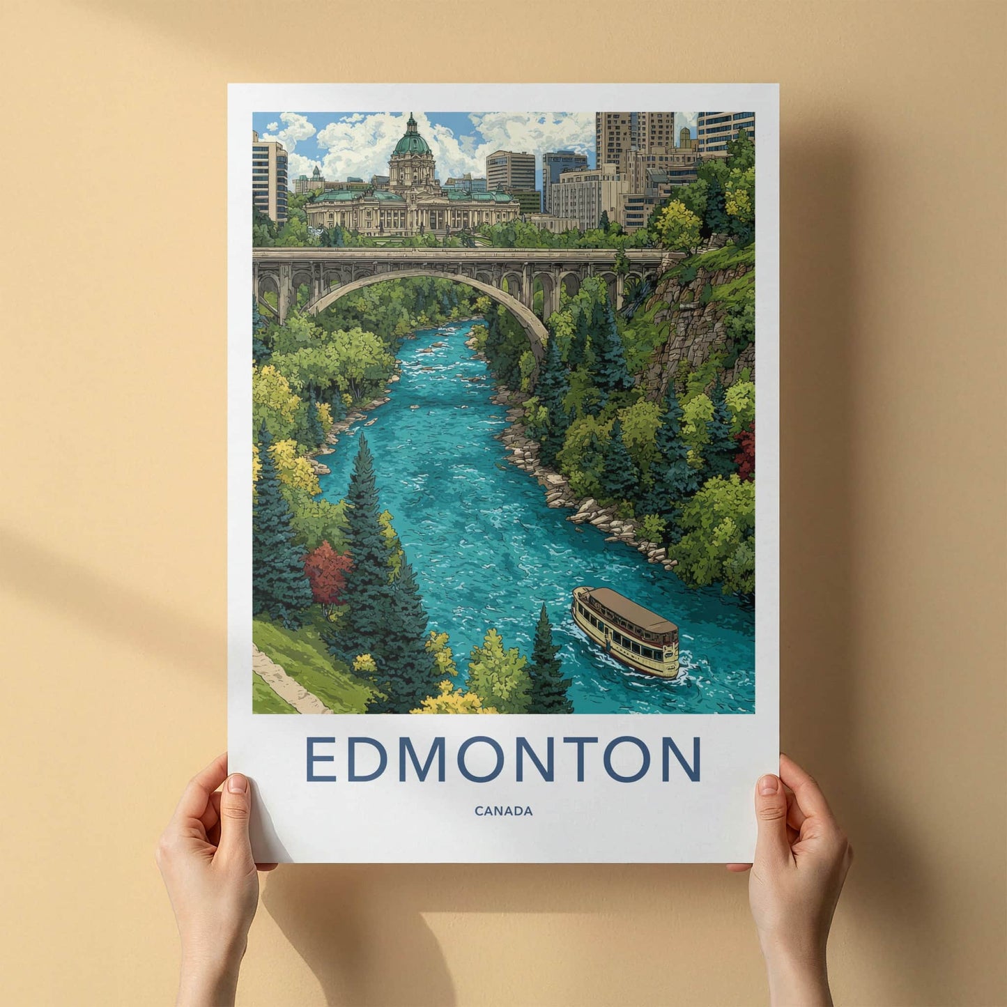 Edmonton Poster - Canada Framed Art - River Boat Bridge Home Decor