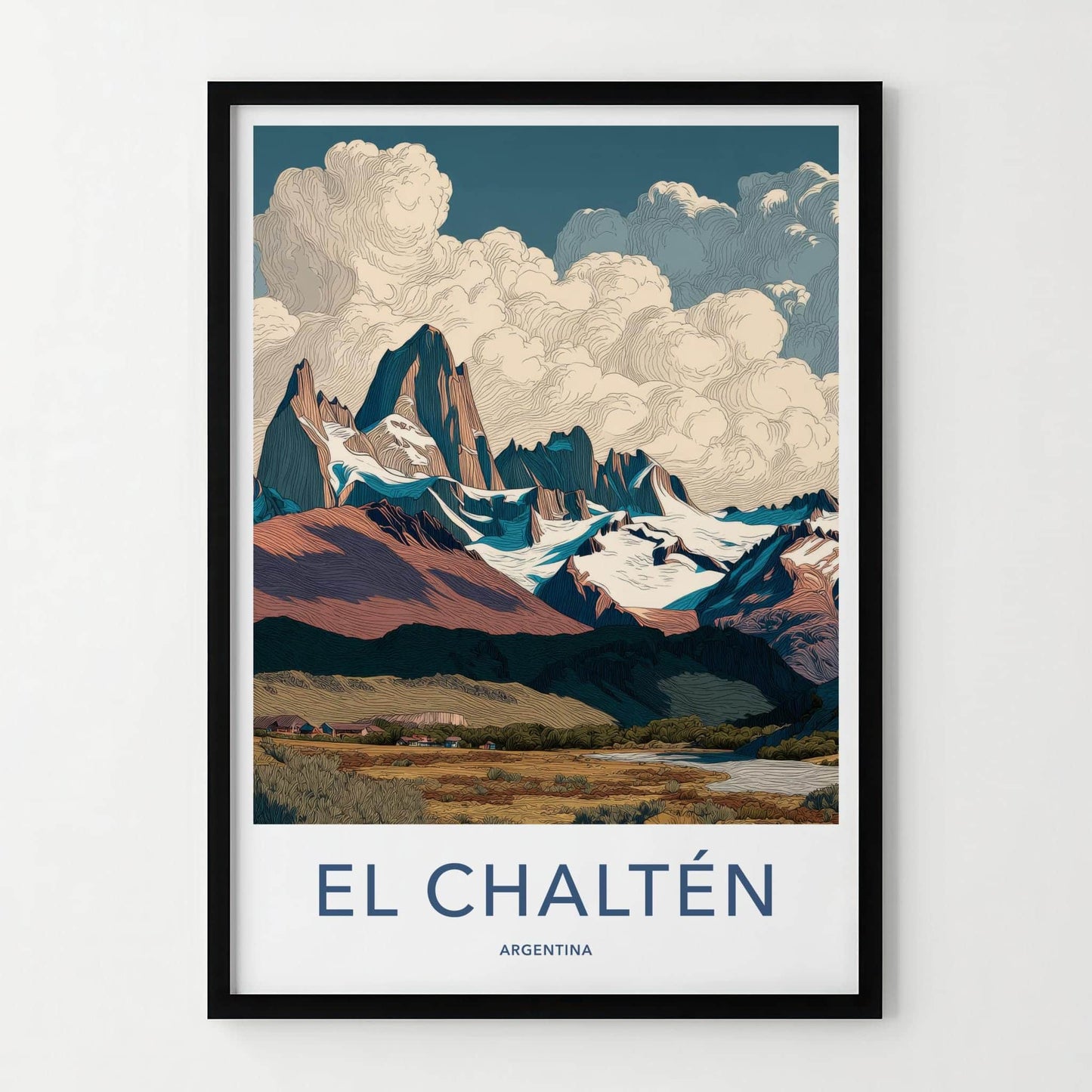 El Chalten Poster - Argentina Travel Art - Textured Mountain Peak Home Decor