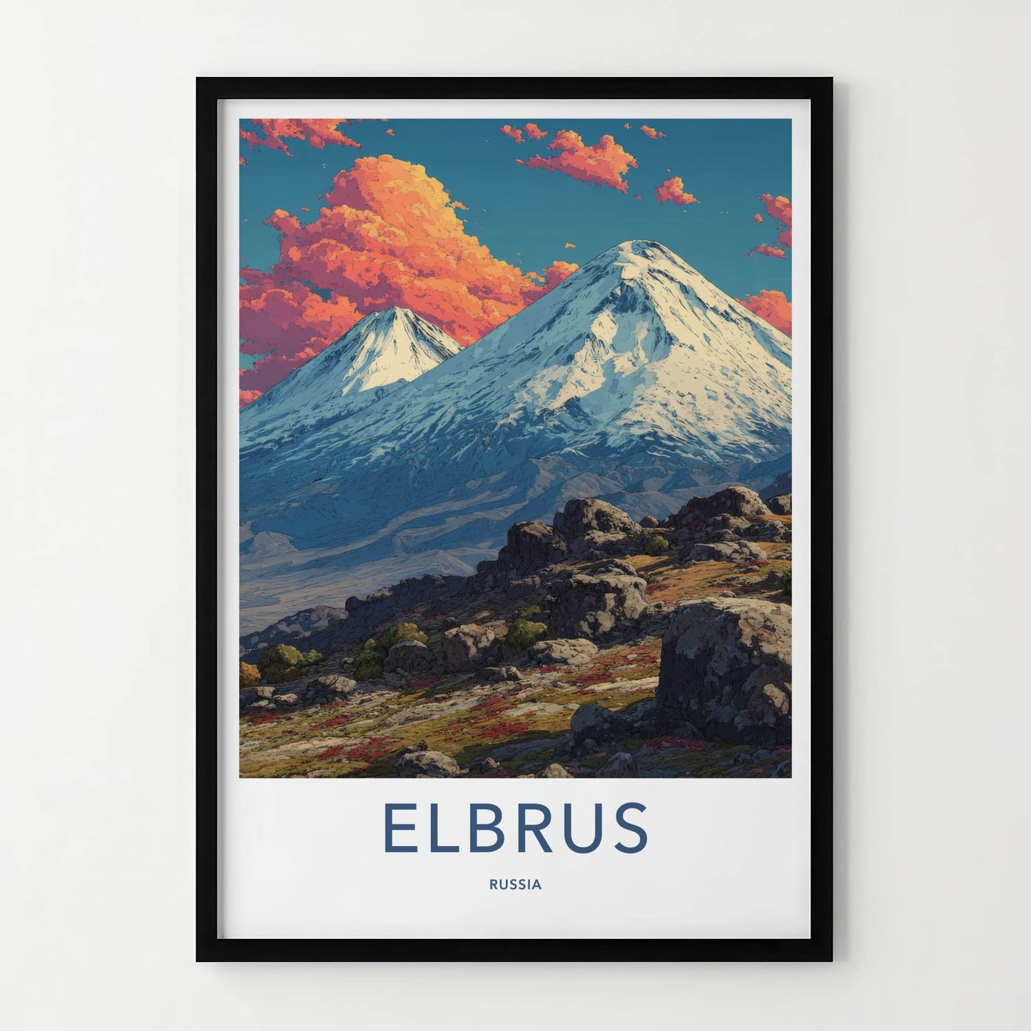 Elbrus Poster - Russia Art Print - Snowy Mountain Orange Home Decor