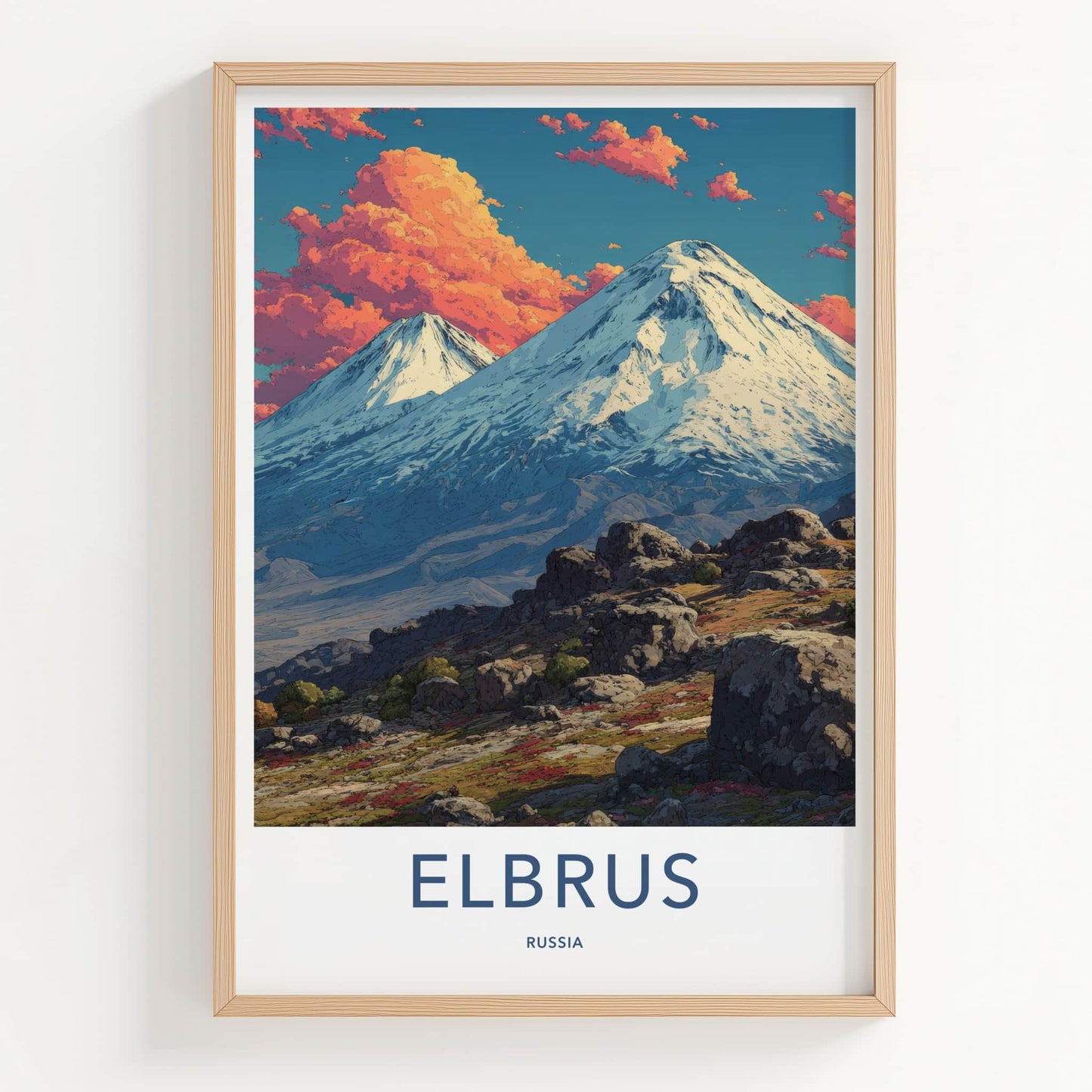 Elbrus Poster - Russia Art Print - Snowy Mountain Orange Home Decor