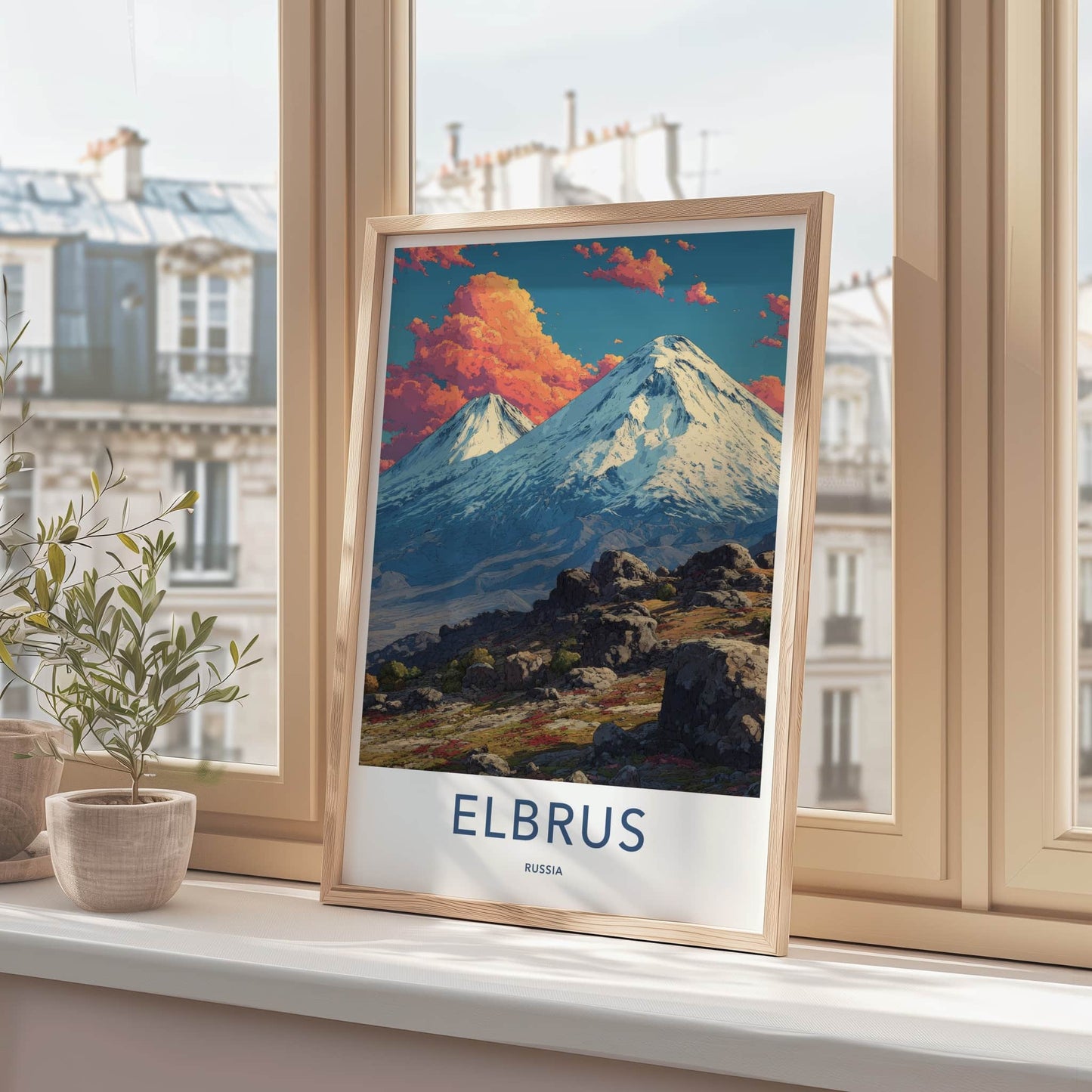 Elbrus Poster - Russia Art Print - Snowy Mountain Orange Home Decor