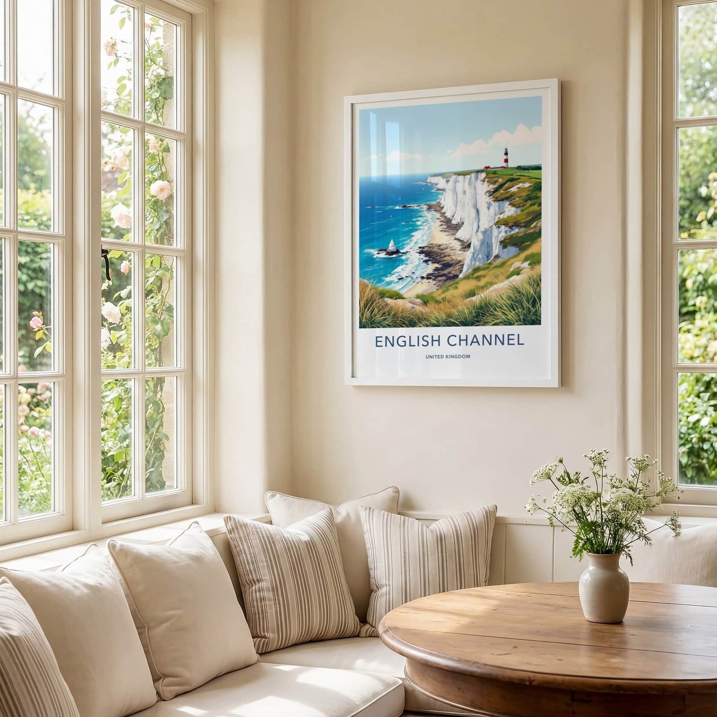 English Channel Poster - United Kingdom Travel Art - Lighthouse Cliffs Coast Home Decor