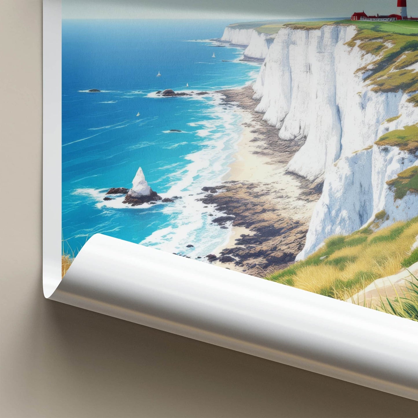 English Channel Poster - United Kingdom Travel Art - Lighthouse Cliffs Coast Home Decor