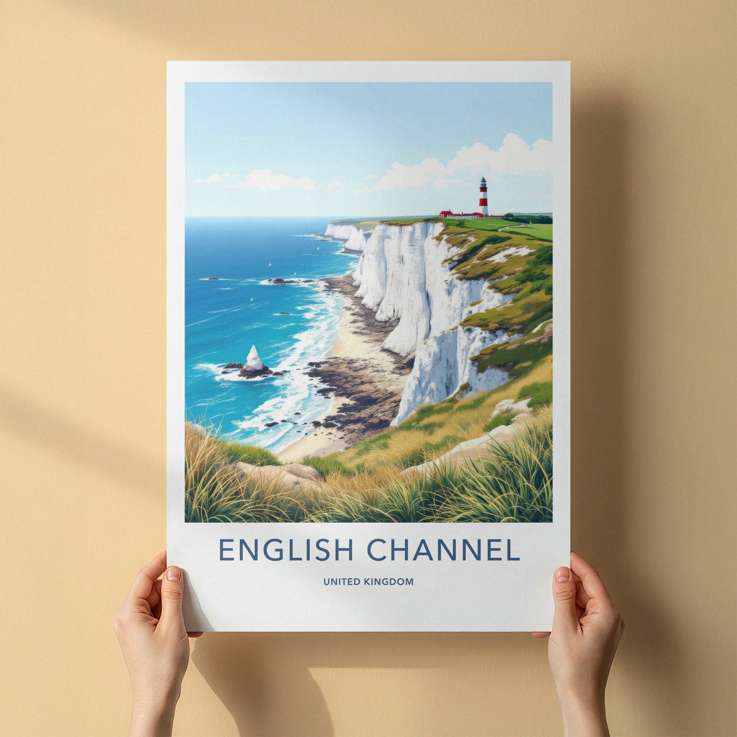 English Channel Poster - United Kingdom Travel Art - Lighthouse Cliffs Coast Home Decor