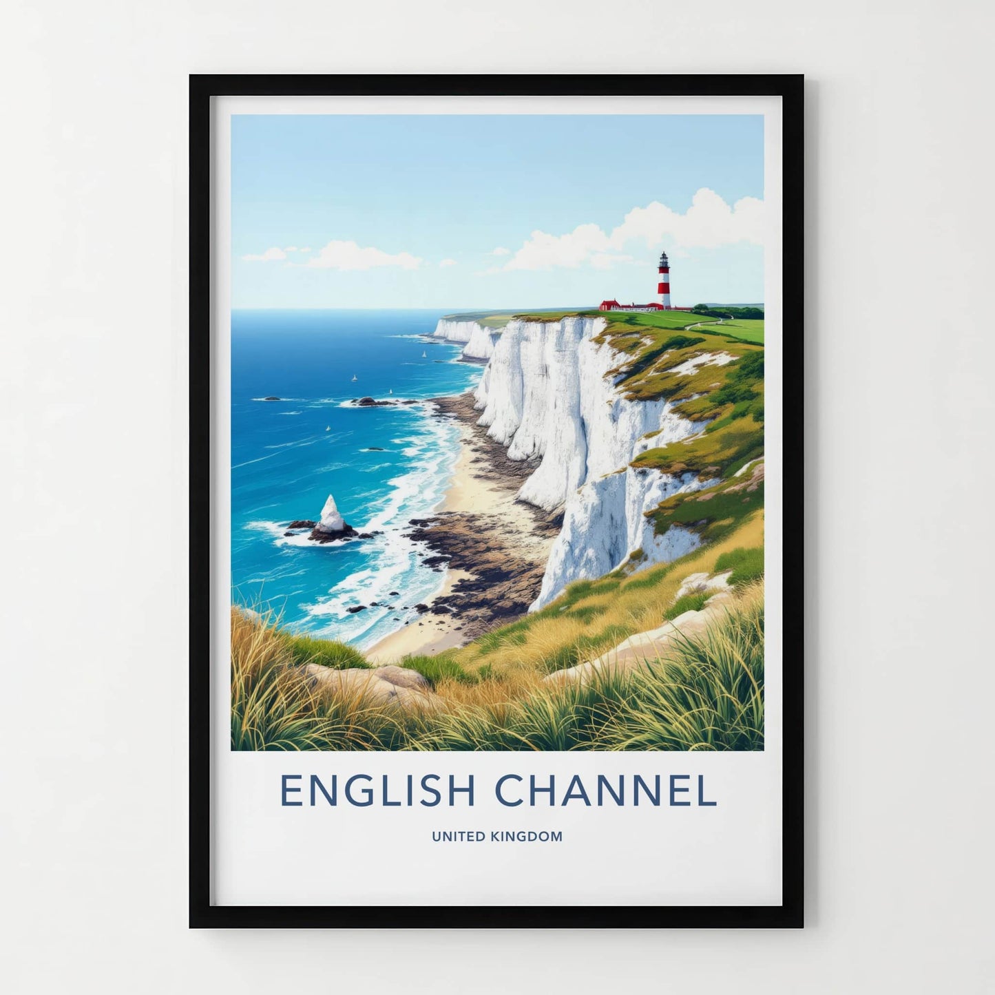 English Channel Poster - United Kingdom Travel Art - Lighthouse Cliffs Coast Home Decor