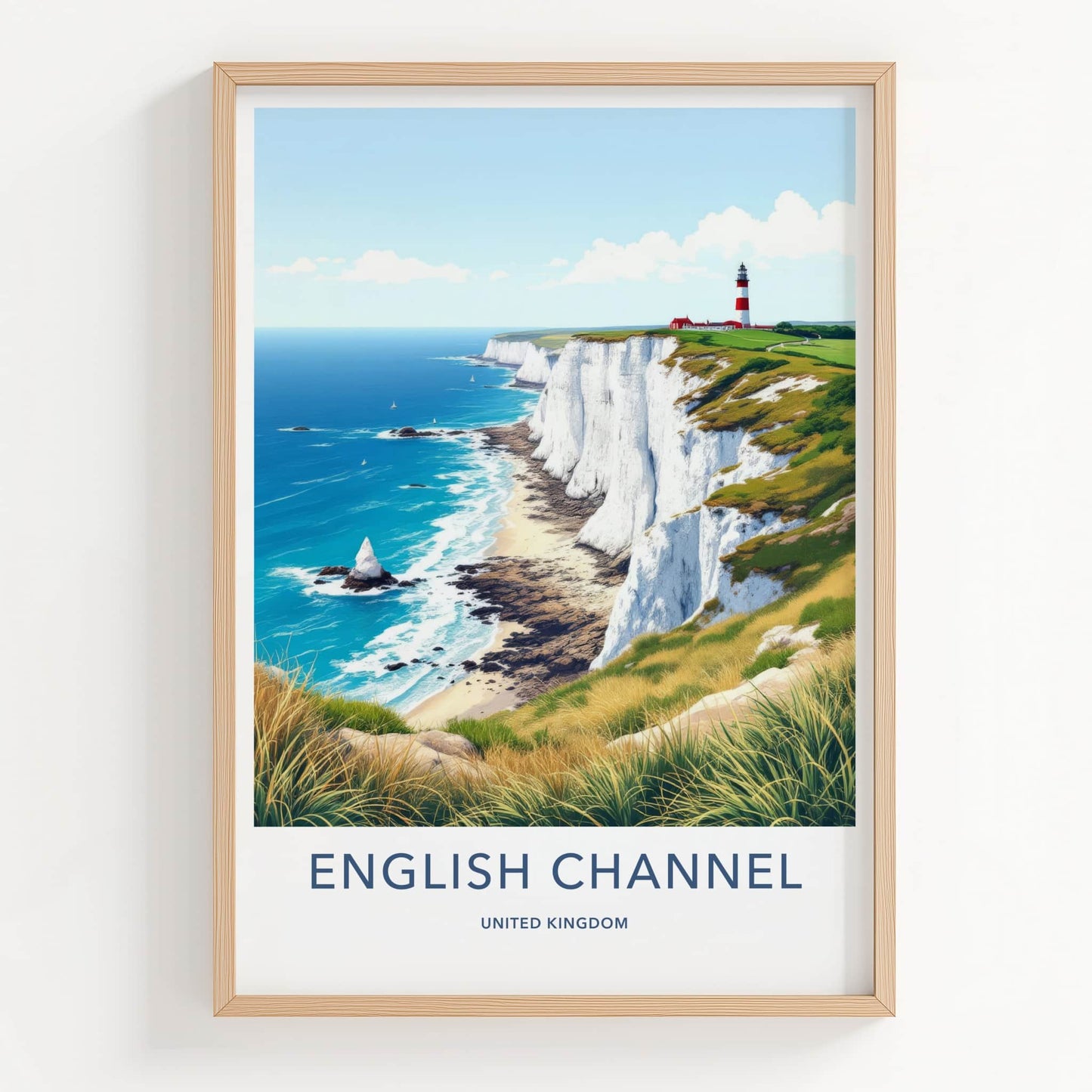 English Channel Poster - United Kingdom Travel Art - Lighthouse Cliffs Coast Home Decor