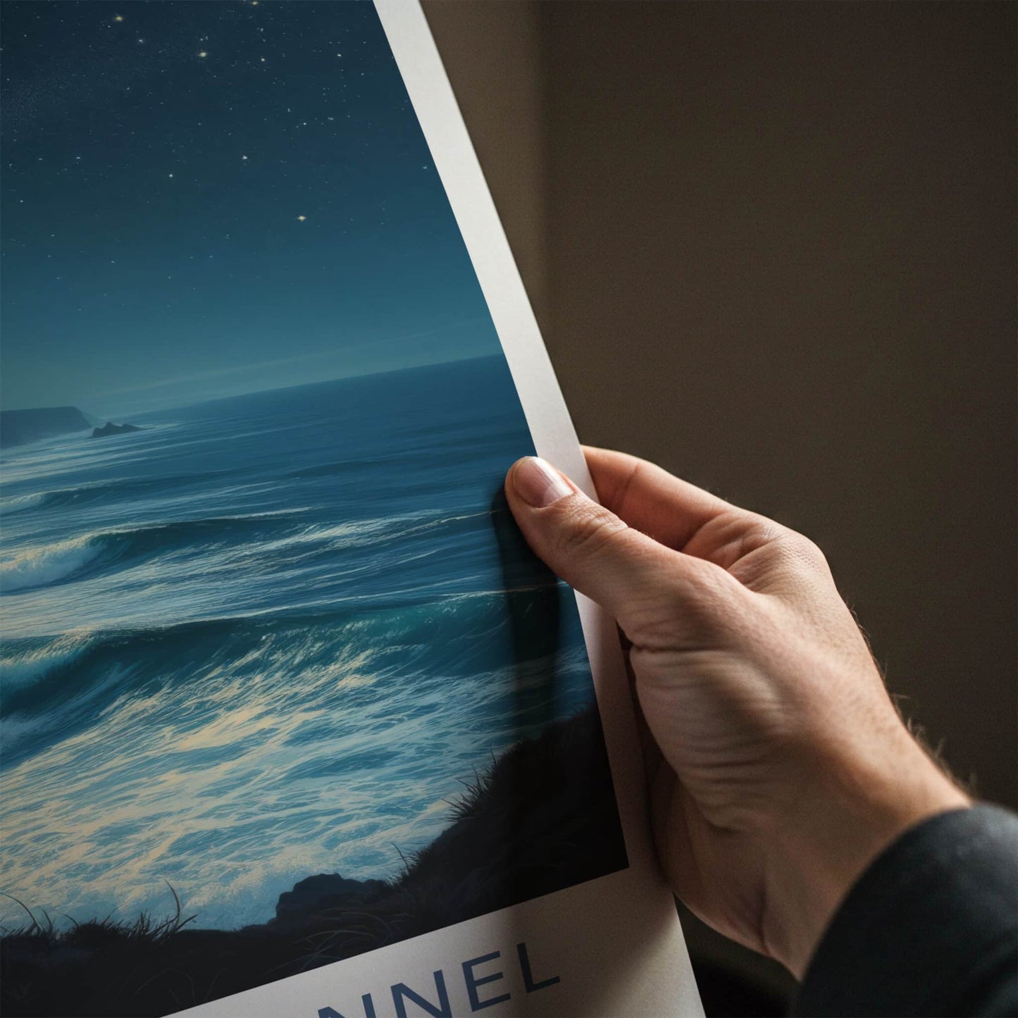 English Channel Poster - United Kingdom Travel Art - Moonlit Lighthouse Waves Home Decor