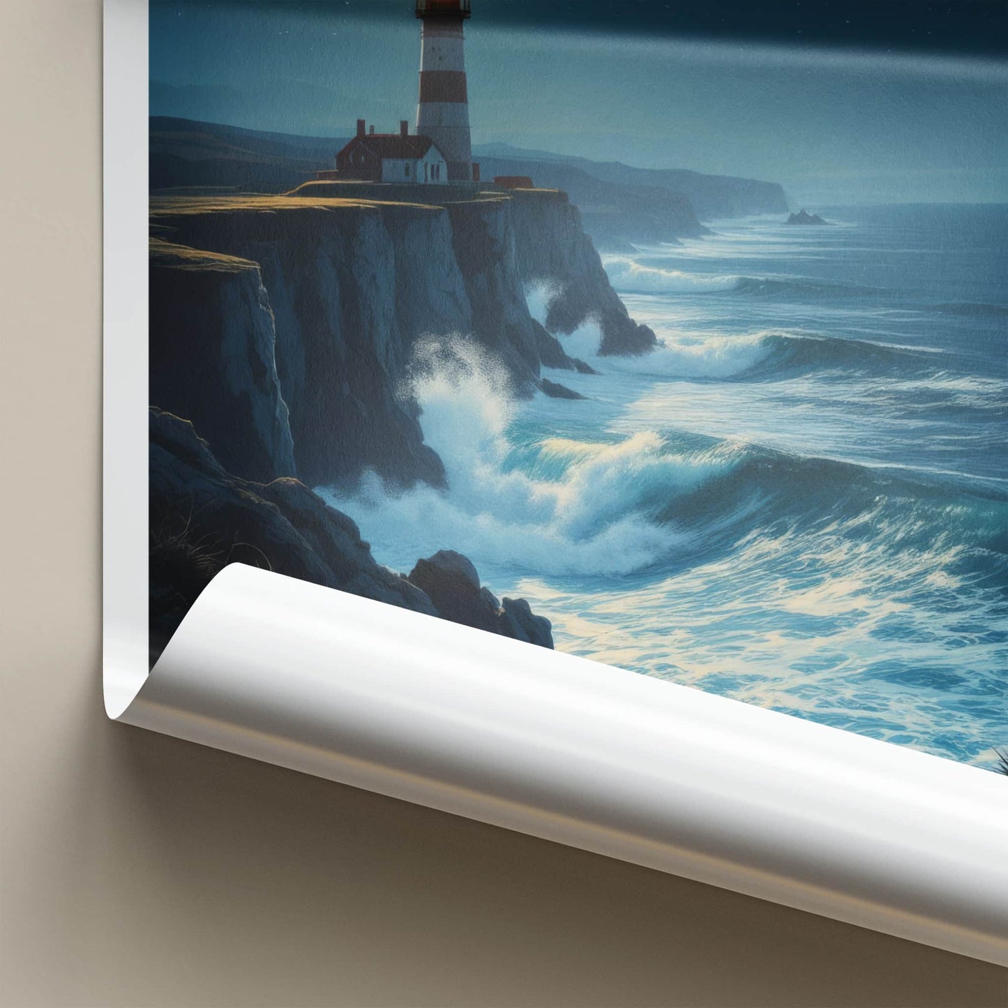 English Channel Poster - United Kingdom Travel Art - Moonlit Lighthouse Waves Home Decor