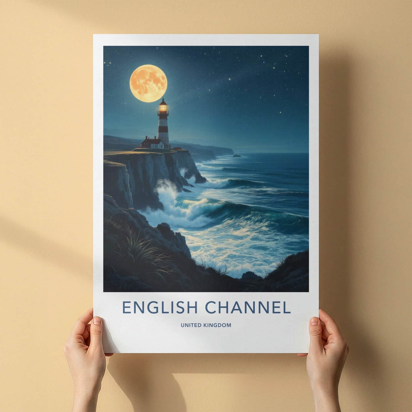 English Channel Poster - United Kingdom Travel Art - Moonlit Lighthouse Waves Home Decor