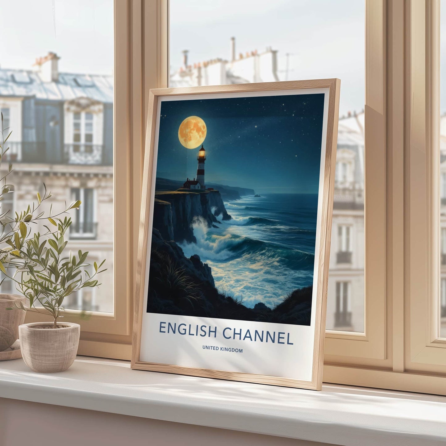 English Channel Poster - United Kingdom Travel Art - Moonlit Lighthouse Waves Home Decor