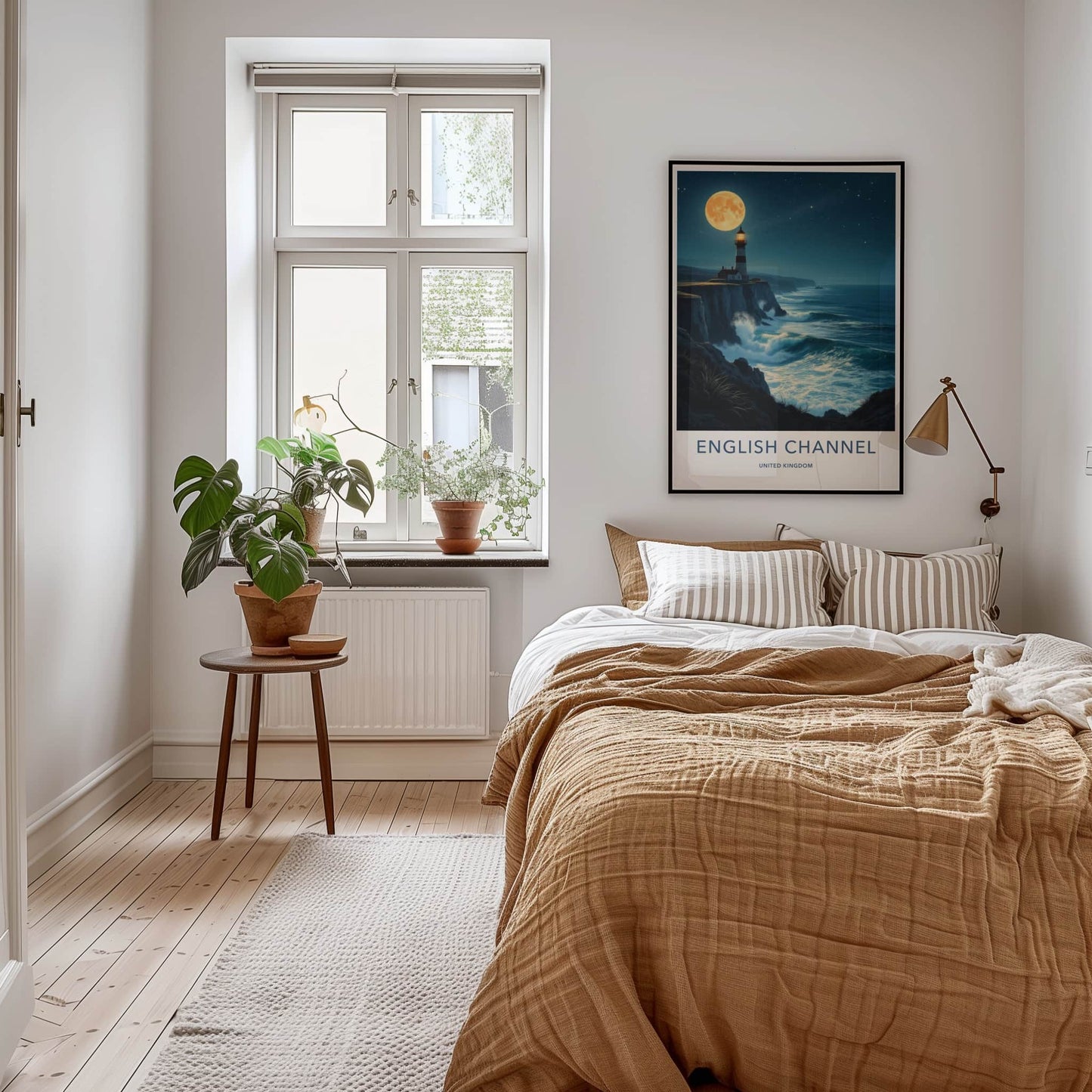 English Channel Poster - United Kingdom Travel Art - Moonlit Lighthouse Waves Home Decor