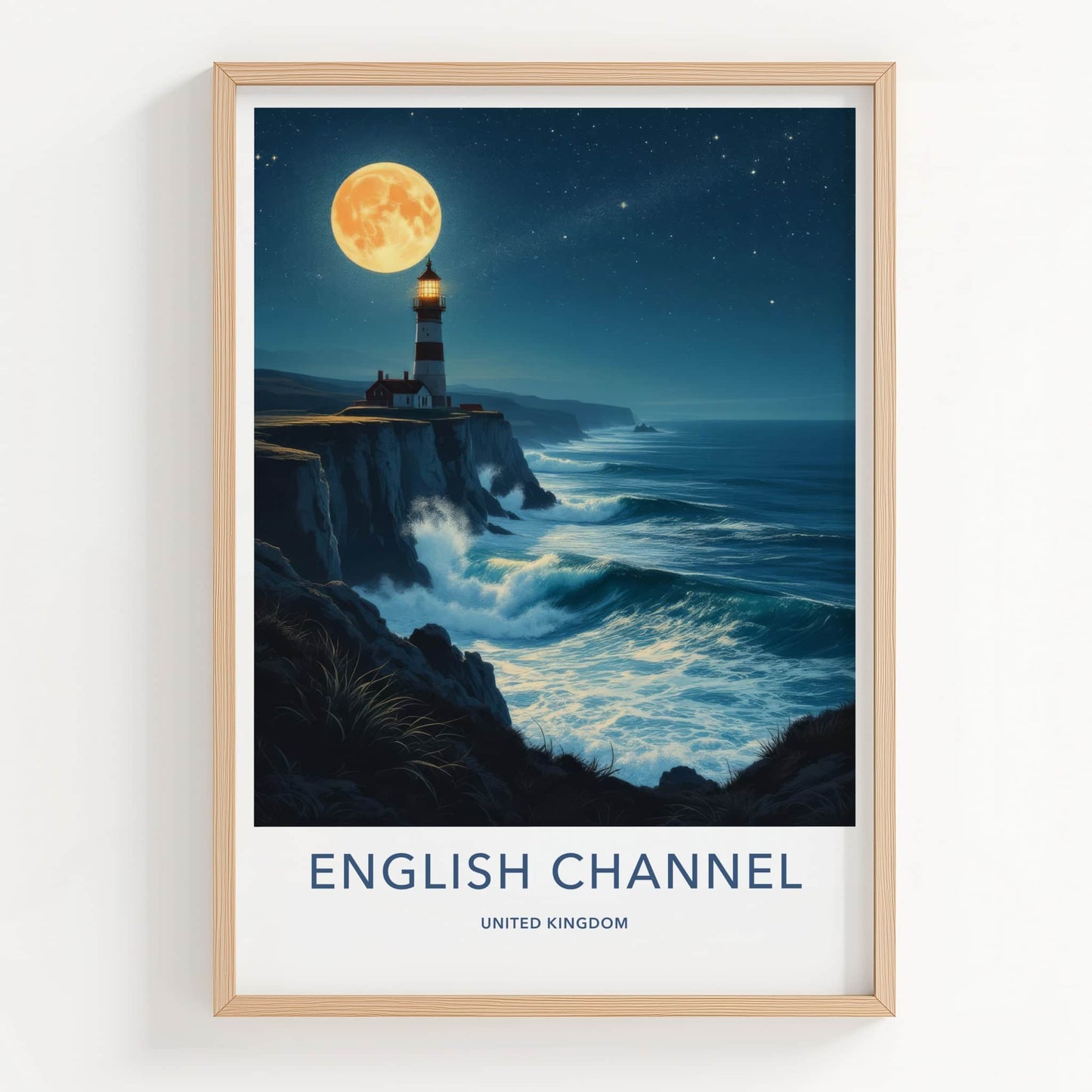 English Channel Poster - United Kingdom Travel Art - Moonlit Lighthouse Waves Home Decor