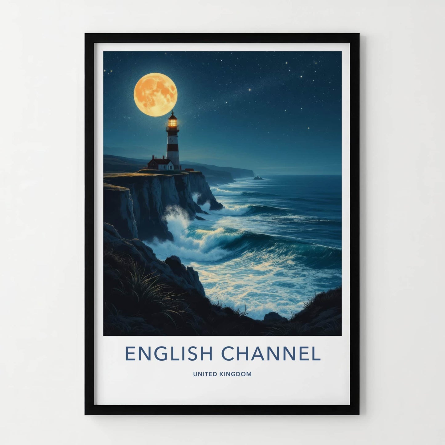 English Channel Poster - United Kingdom Travel Art - Moonlit Lighthouse Waves Home Decor