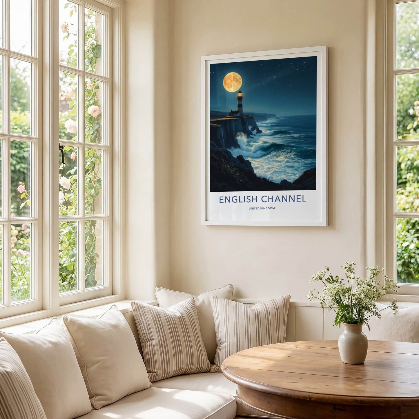 English Channel Poster - United Kingdom Travel Art - Moonlit Lighthouse Waves Home Decor