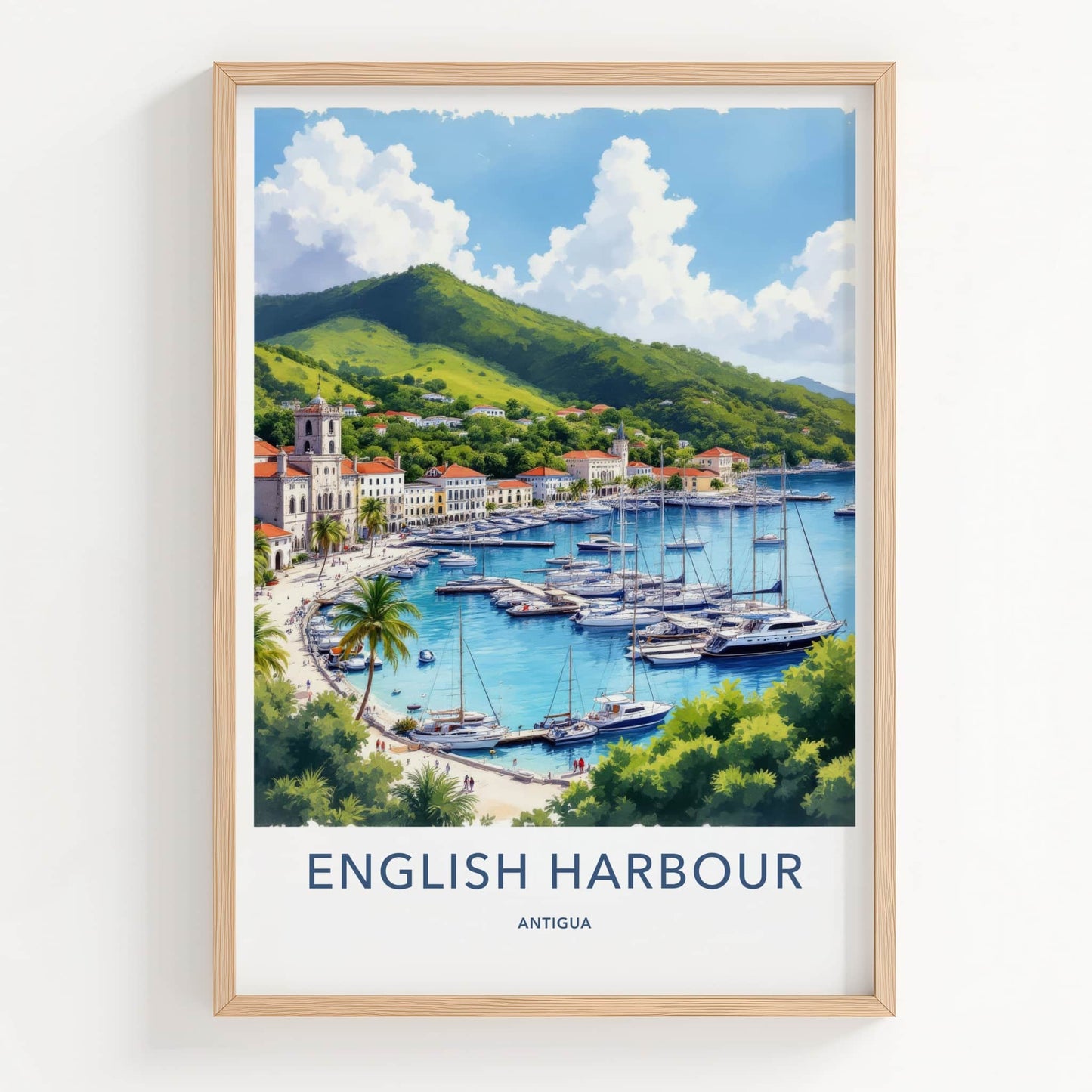 English Harbour Poster - Antigua Travel Print - Marina Yachts Green Hills Home Decor