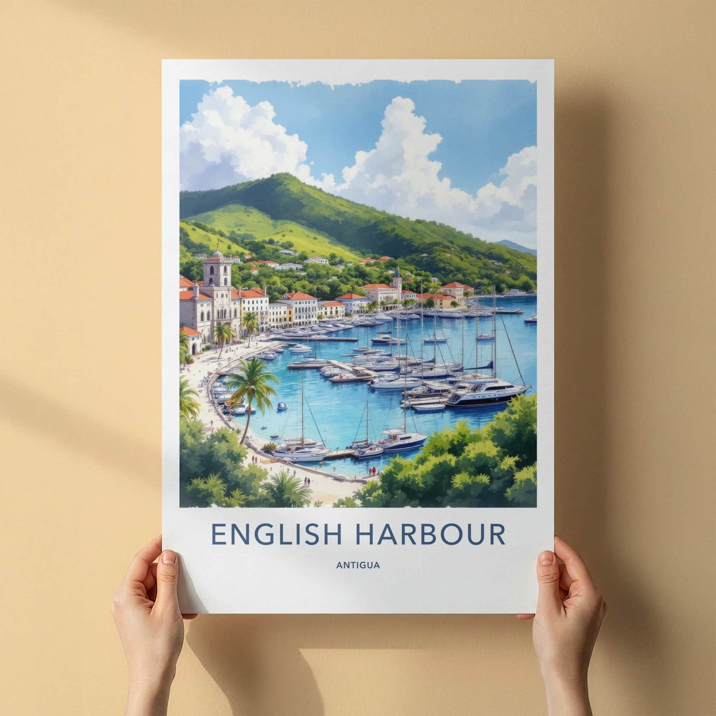 English Harbour Poster - Antigua Travel Print - Marina Yachts Green Hills Home Decor