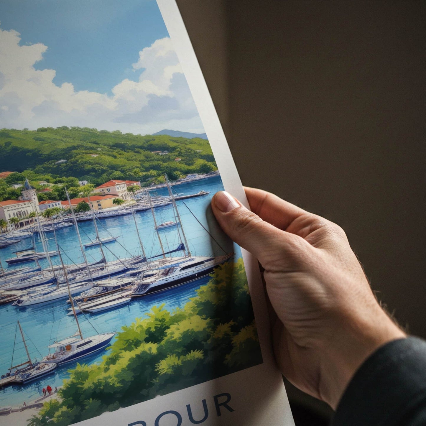 English Harbour Poster - Antigua Travel Print - Marina Yachts Green Hills Home Decor