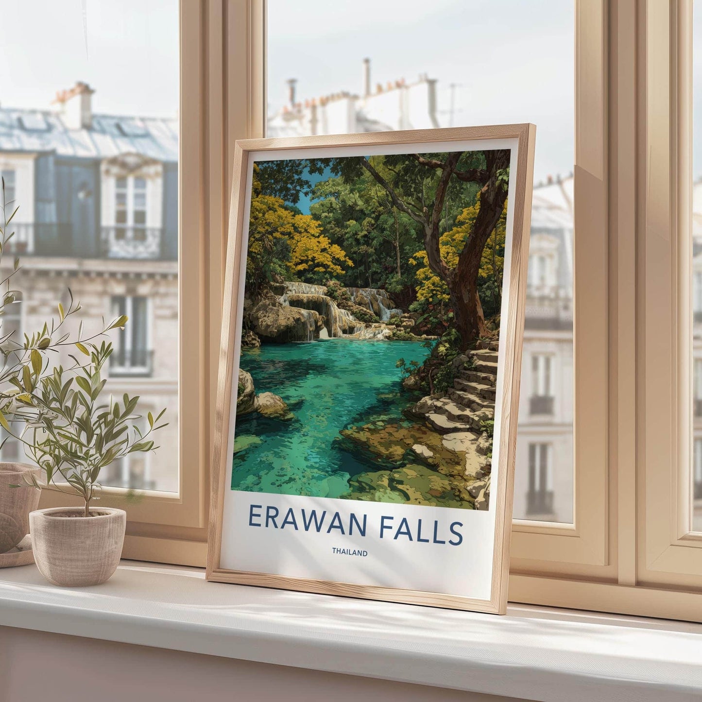 Erawan Falls Poster - Thailand Travel Art - Cascading Pools Green Wall Decor