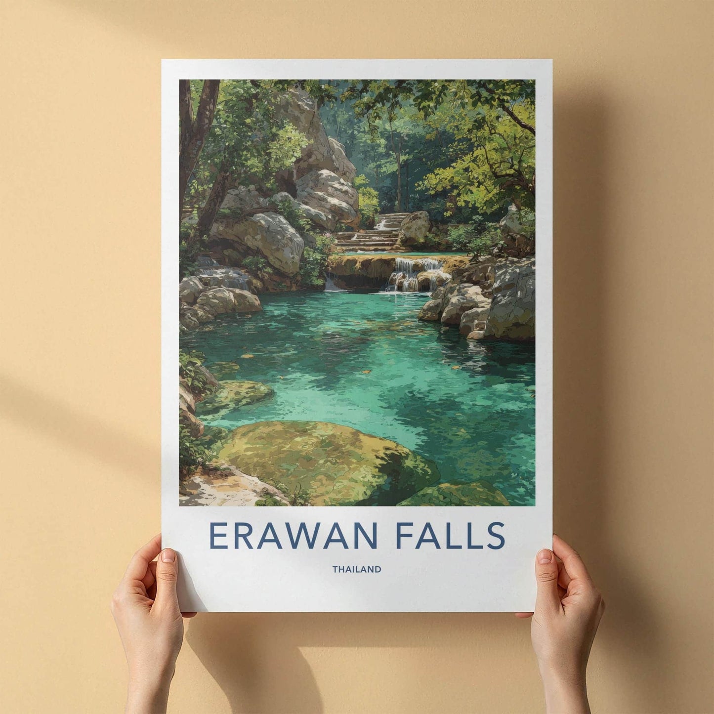 Erawan Falls Poster - Thailand Travel Art - Turquoise Tiers Forest Home Decor