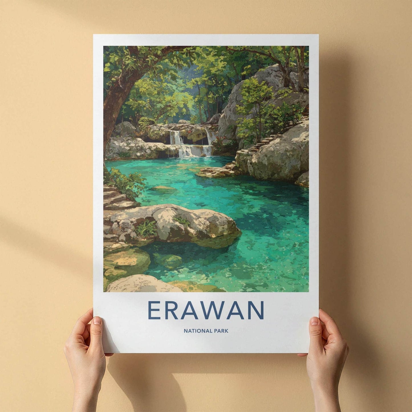 Erawan National Park Poster - Thailand Travel Art - Lush Jungle Waterfalls Home Decor