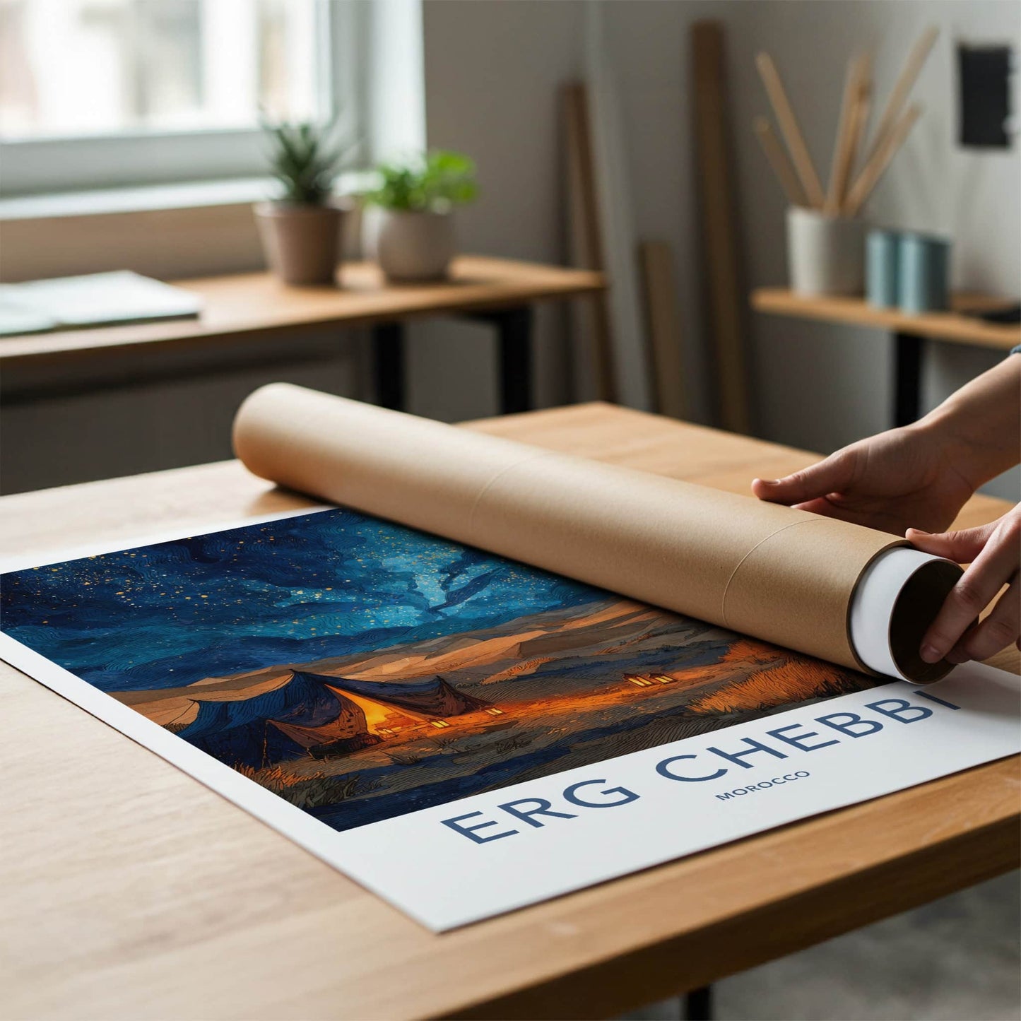 Erg Chebbi Poster - Morocco Travel Art - Starry Desert Camp Home Decor