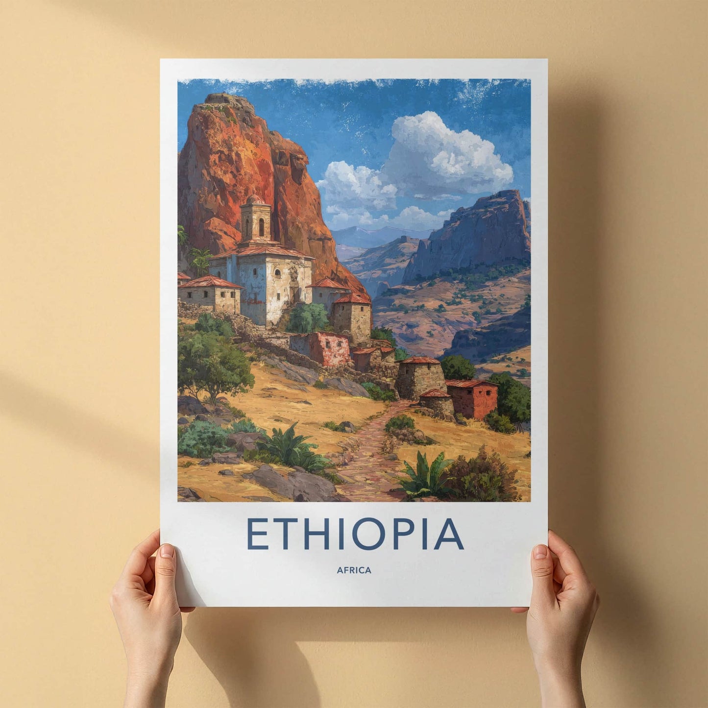 Ethiopia Poster - Africa Travel Art - Ancient Cliffside Village Home Decor