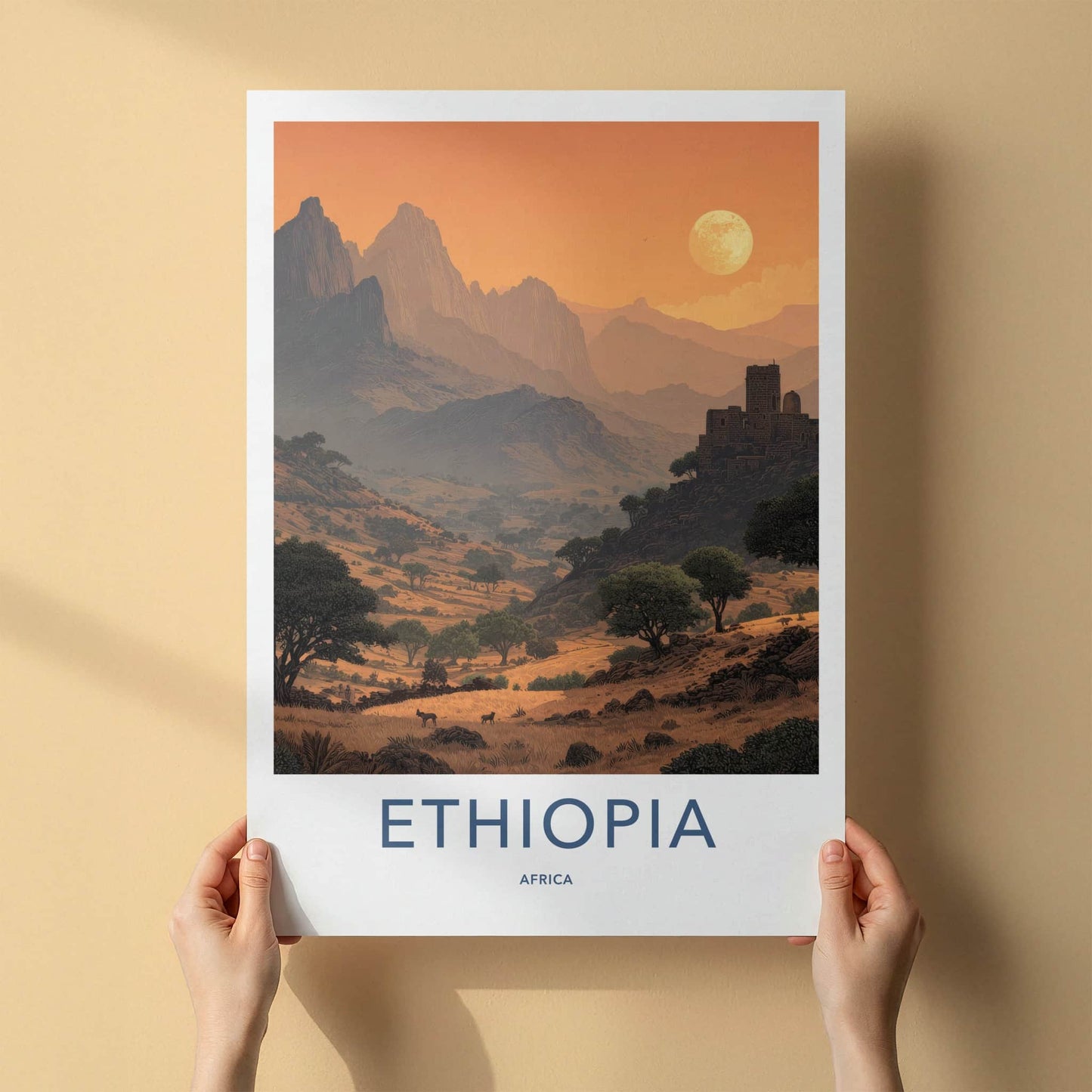 Ethiopia Poster - Africa Travel Art - Moonlit Highland Village Home Decor