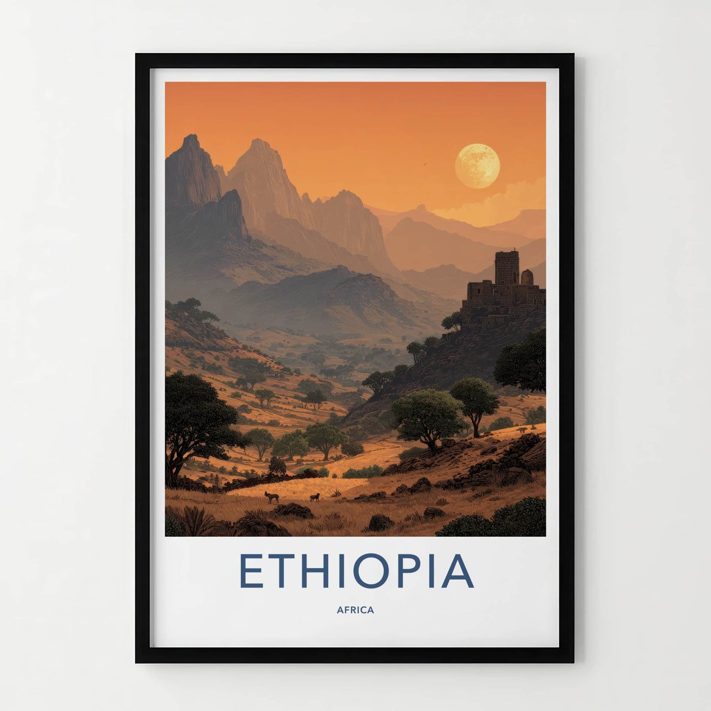 Ethiopia Poster - Africa Travel Art - Moonlit Highland Village Home Decor