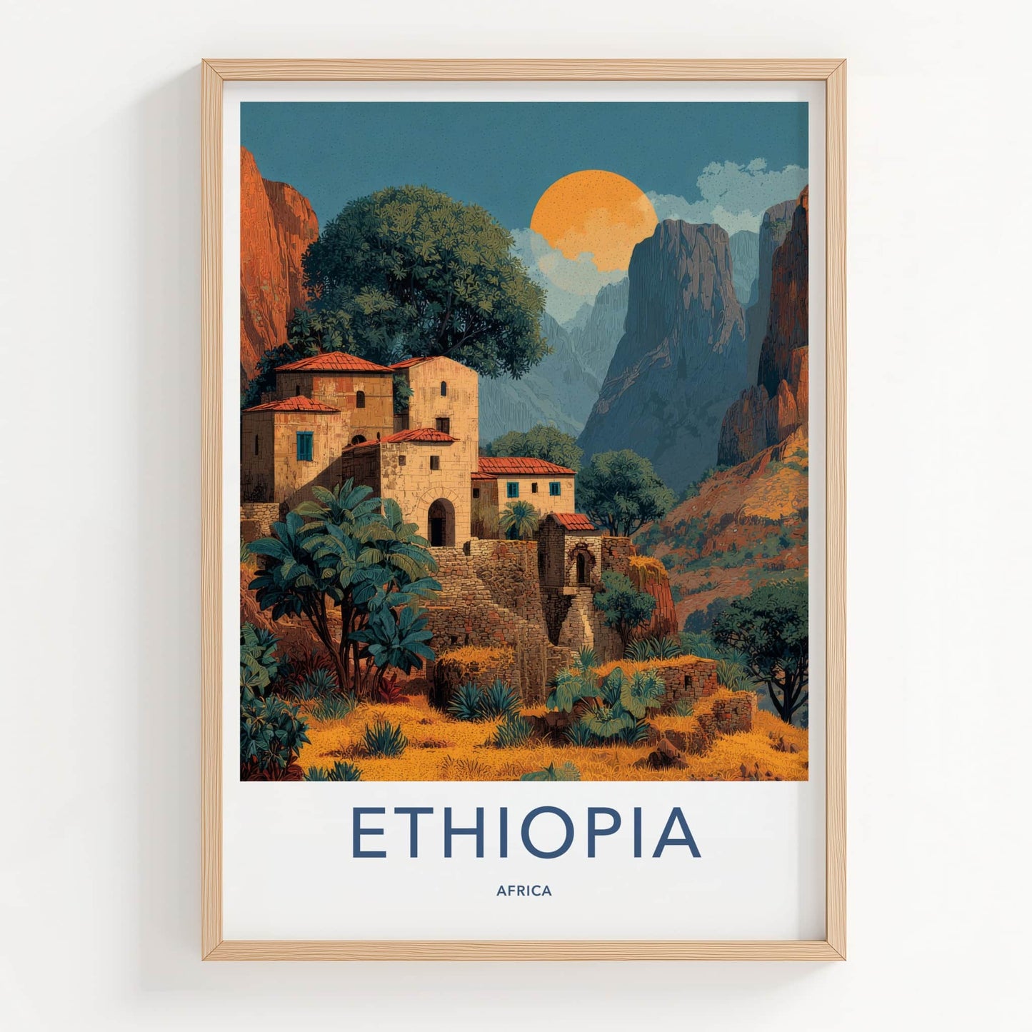 Ethiopia Poster - Africa Travel Art - Mountain Village Sunset Home Decor