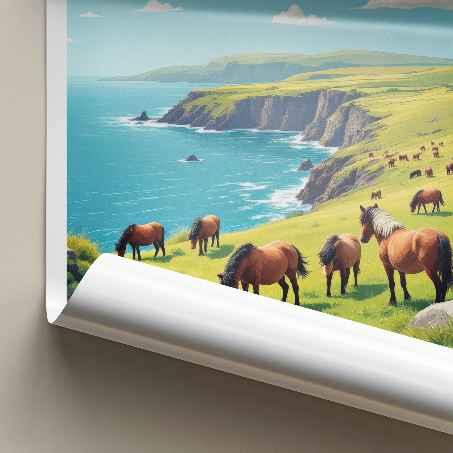 Exmoor National Park Poster - United Kingdom Fine Art - Grazing Horses Cliffs Gift