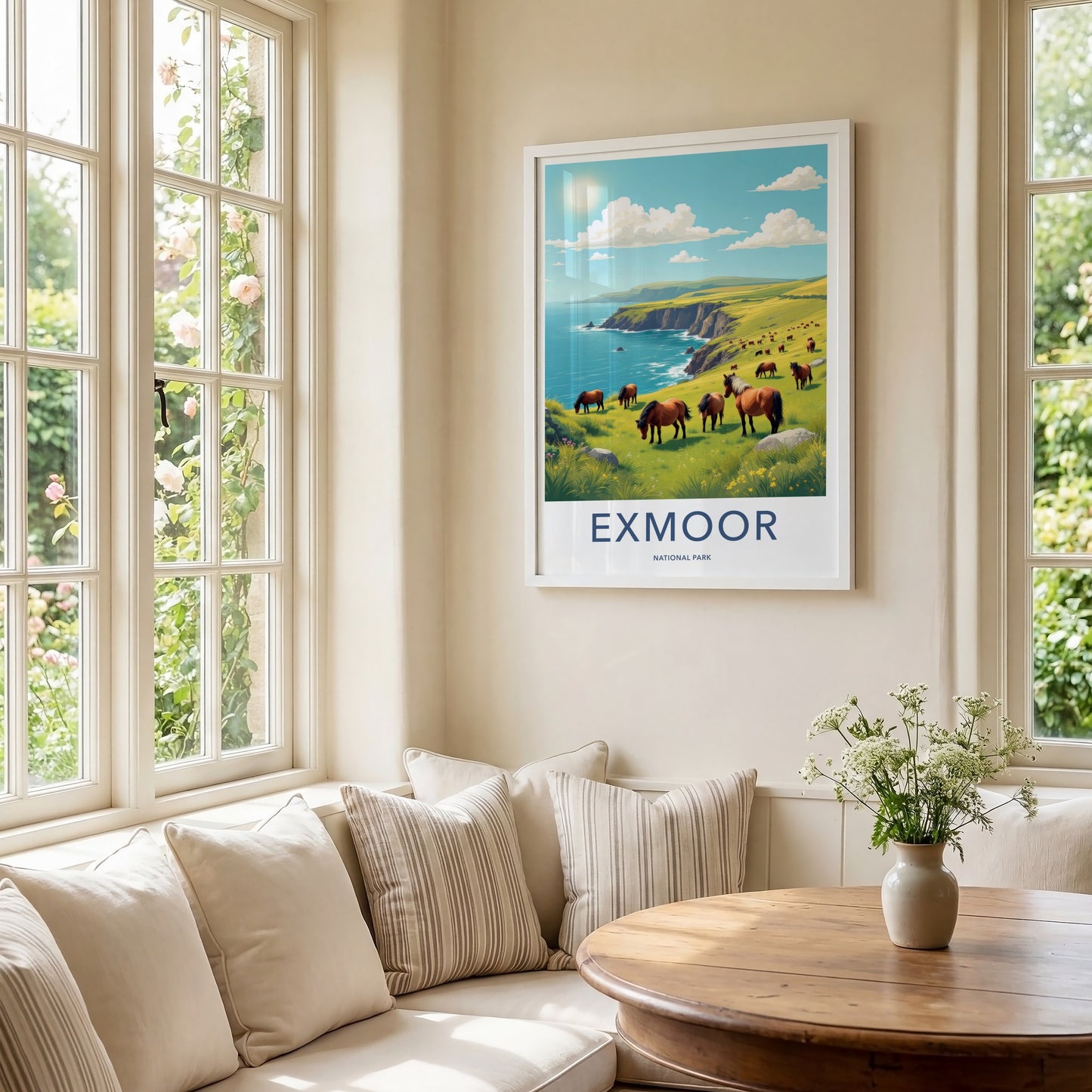Exmoor National Park Poster - United Kingdom Fine Art - Grazing Horses Cliffs Gift