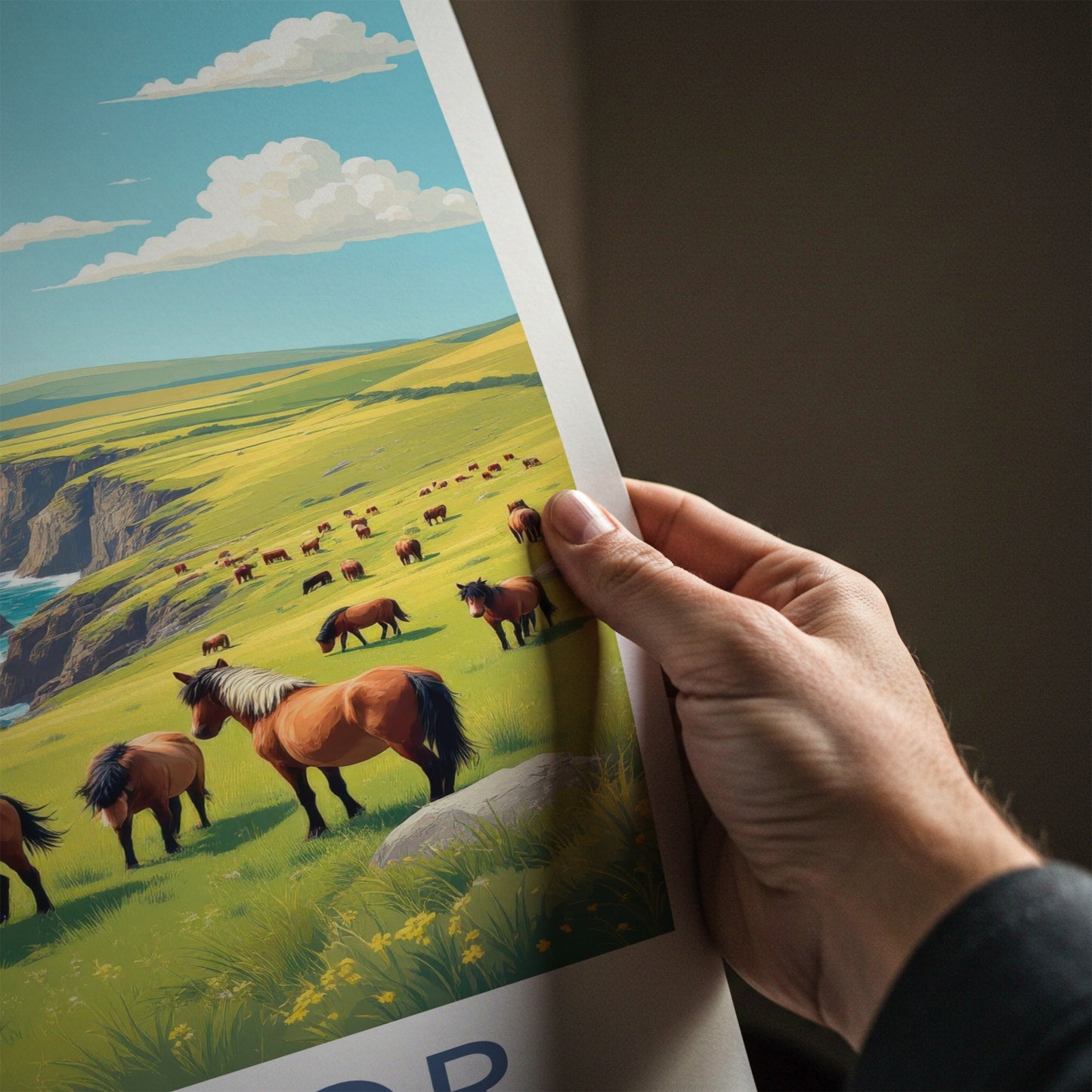 Exmoor National Park Poster - United Kingdom Fine Art - Grazing Horses Cliffs Gift