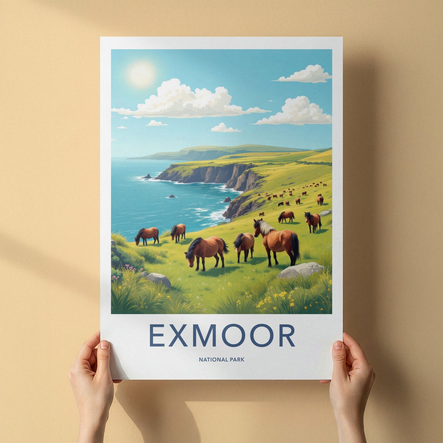 Exmoor National Park Poster - United Kingdom Fine Art - Grazing Horses Cliffs Gift