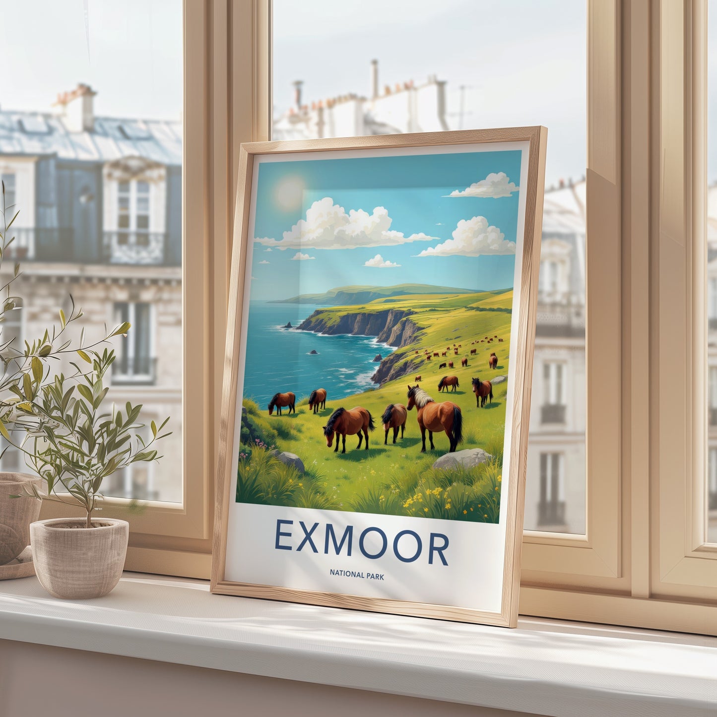 Exmoor National Park Poster - United Kingdom Fine Art - Grazing Horses Cliffs Gift