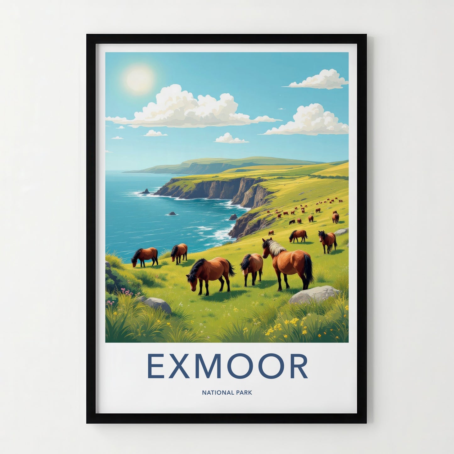 Exmoor National Park Poster - United Kingdom Fine Art - Grazing Horses Cliffs Gift