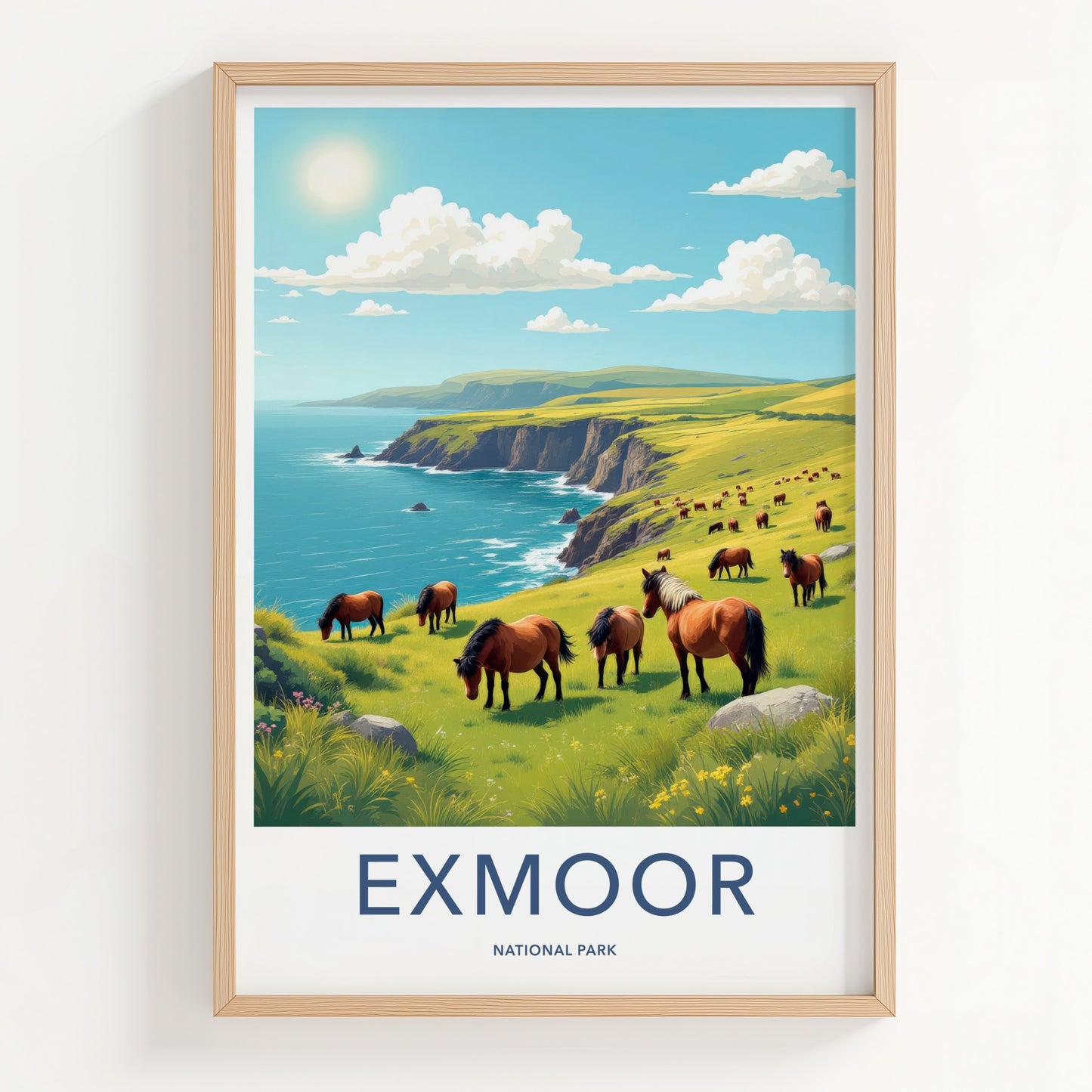 Exmoor National Park Poster - United Kingdom Fine Art - Grazing Horses Cliffs Gift