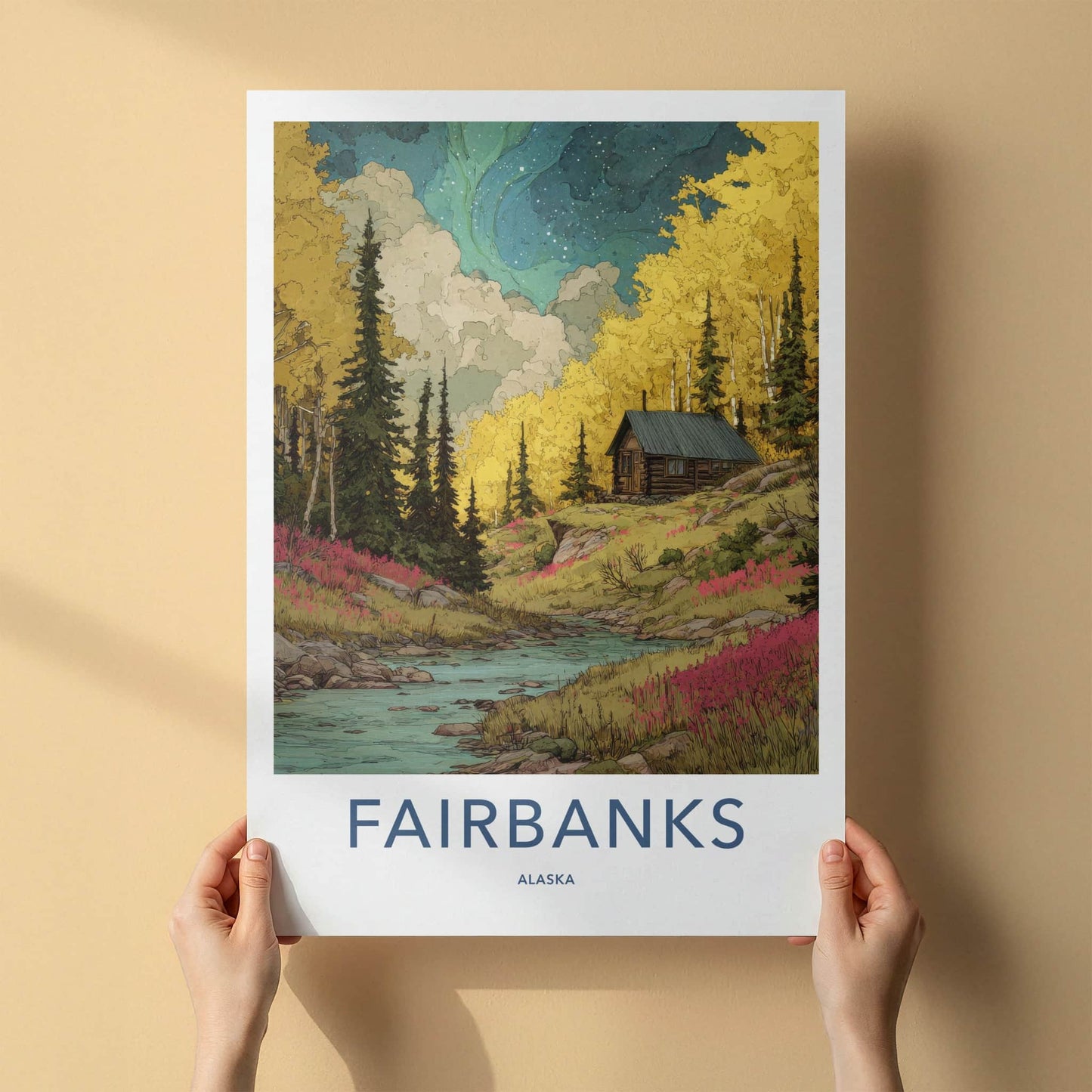 Fairbanks Poster - Alaska Travel Print - Cabin River Autumn Gallery Art