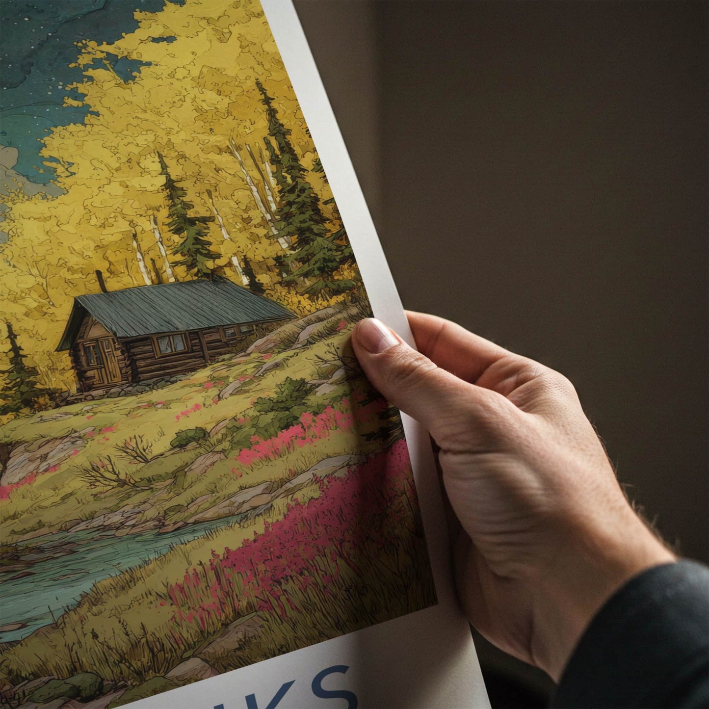 Fairbanks Poster - Alaska Travel Print - Cabin River Autumn Gallery Art