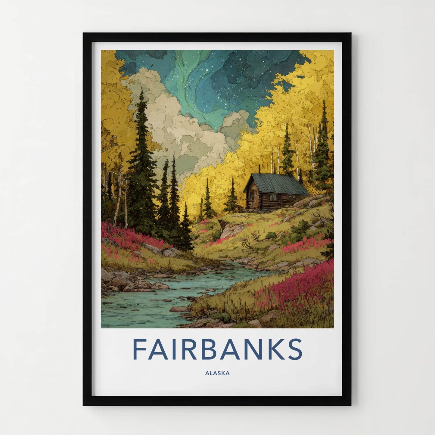 Fairbanks Poster - Alaska Travel Print - Cabin River Autumn Gallery Art