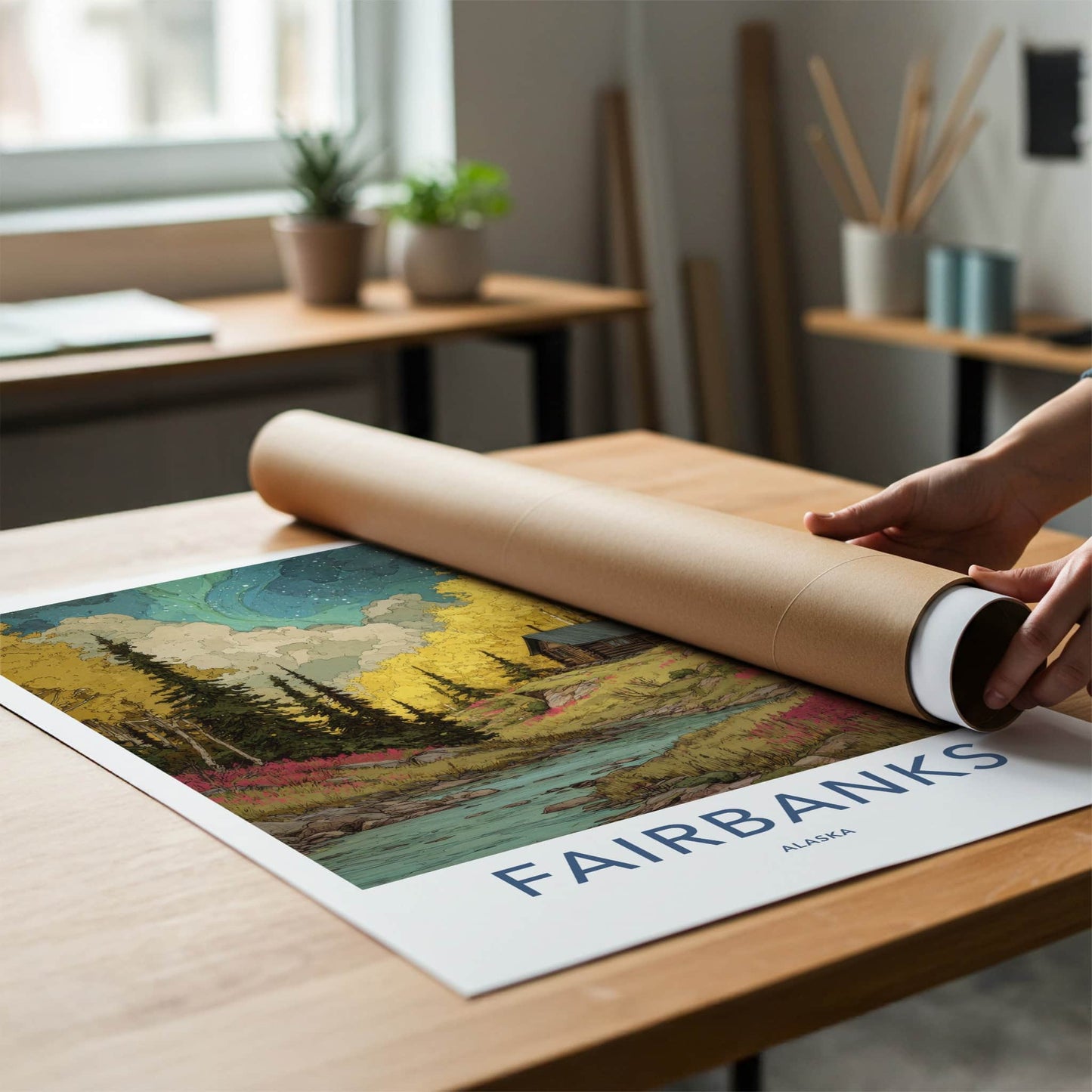 Fairbanks Poster - Alaska Travel Print - Cabin River Autumn Gallery Art